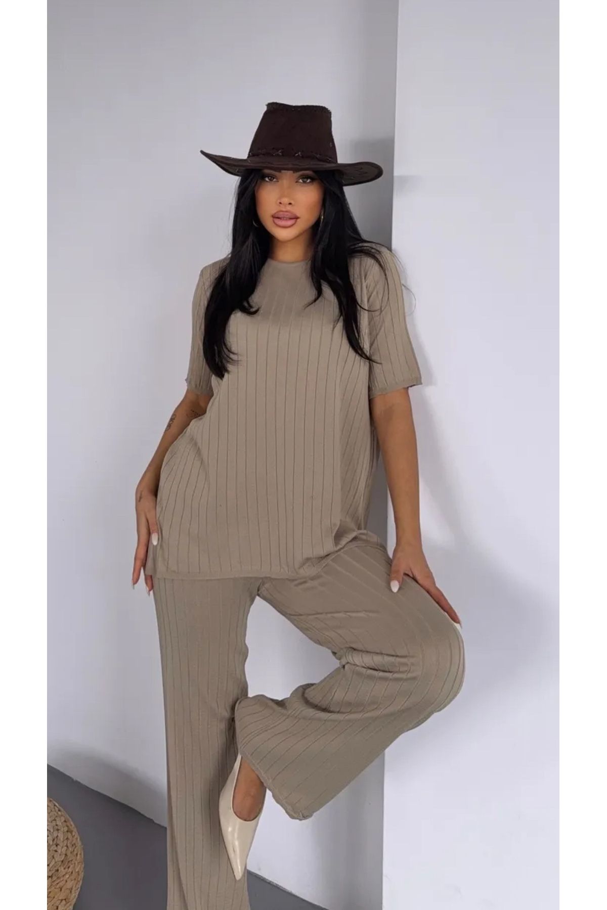 Noi Belis Bisiklet Yaka Fitilli Geniş Kalıp/Oversize Bluz Pantolon Yazlık Takım SS25AU0004