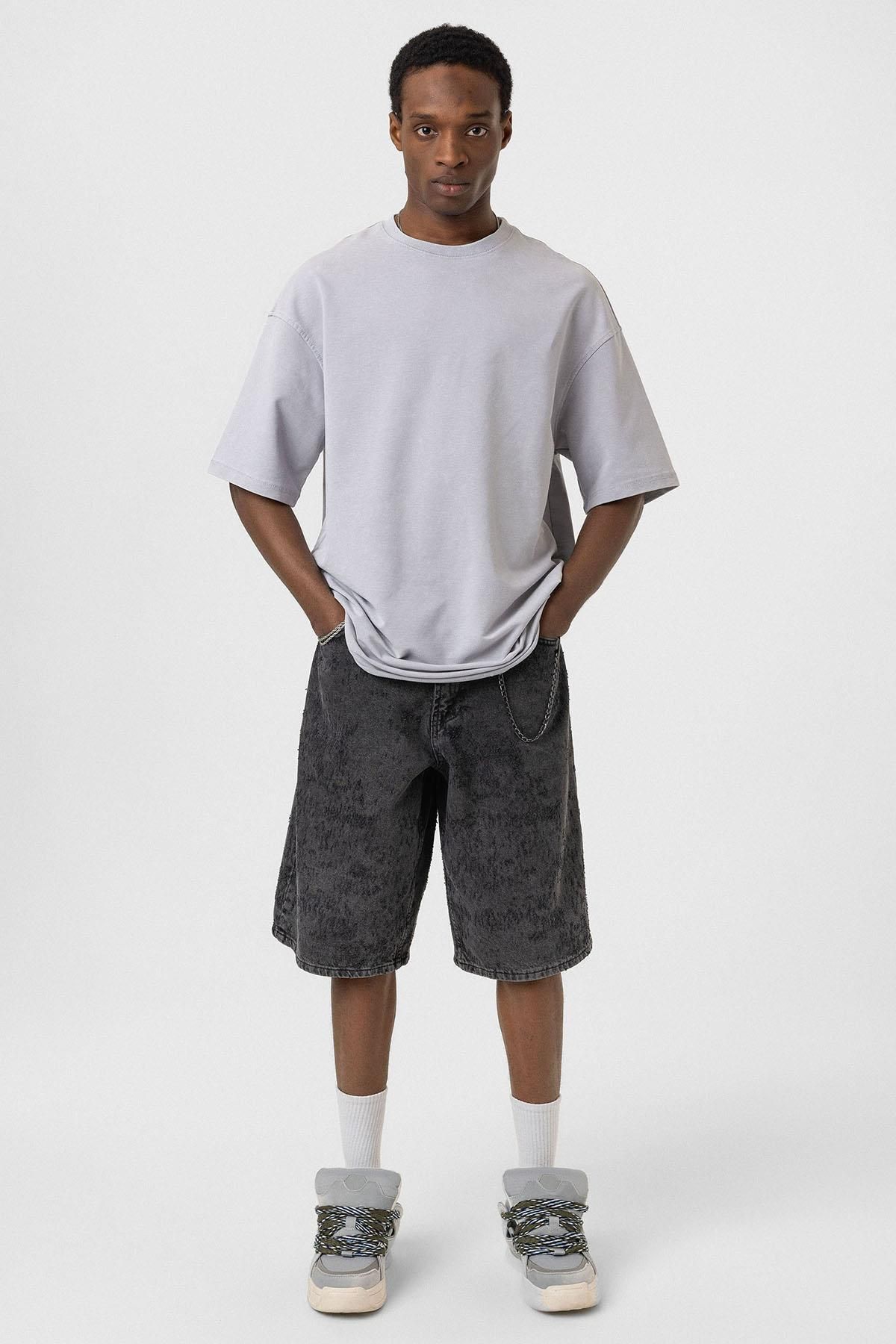 VAMOSCLO Yıkamalı Basic Oversize Tişört Boyama Gri