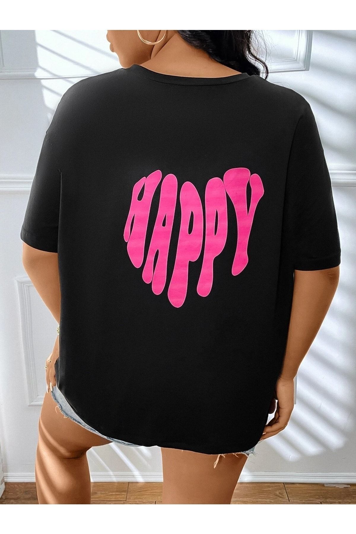 Boi Kadın / Kız Siyah Oversize T-shirt Happy Baskılı