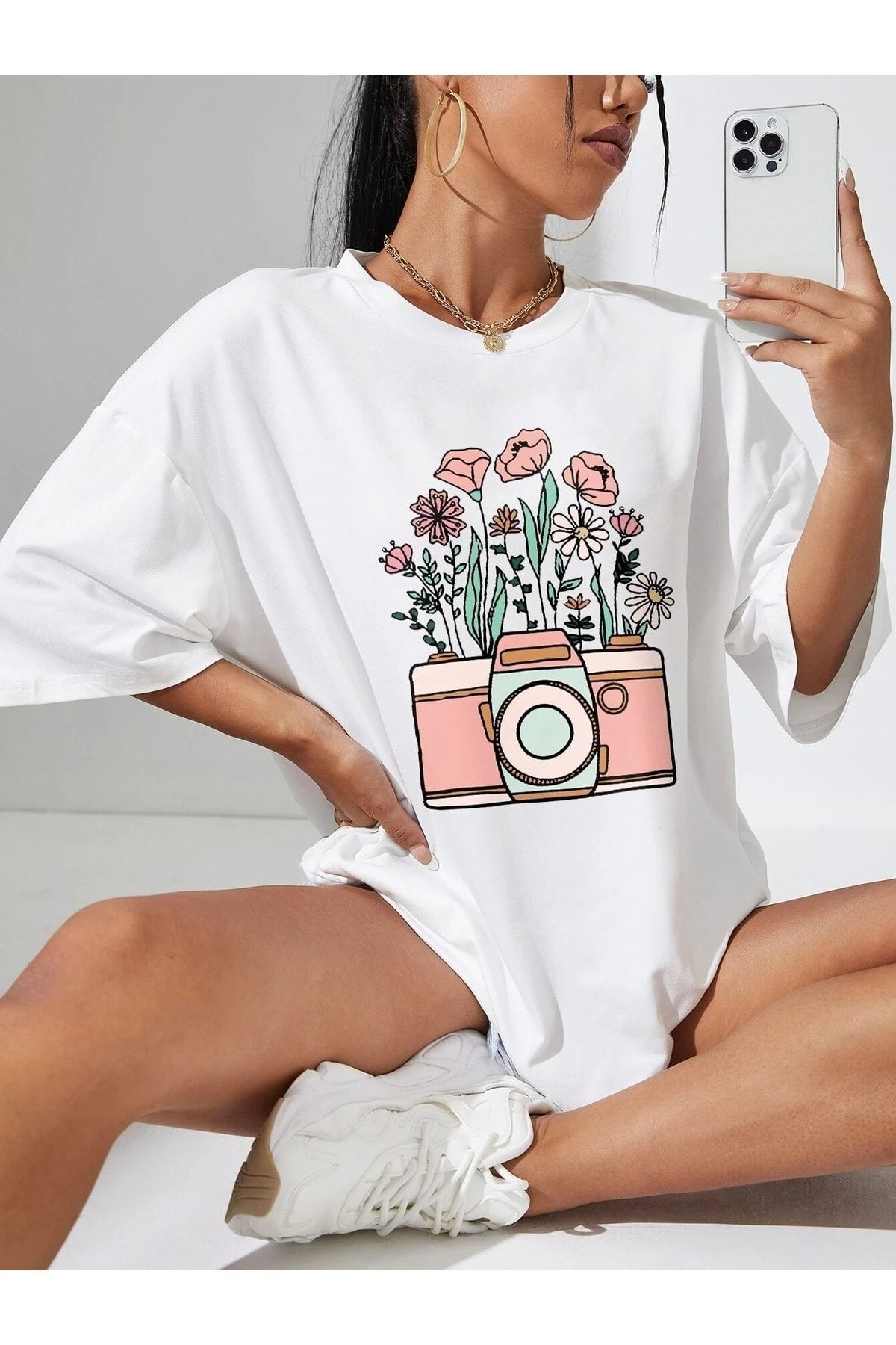 Hunors Sportswear & Company Kadın / Kız Fotoğraf Makinası Baskılı Oversize T-shirt Salaş Boyfirend