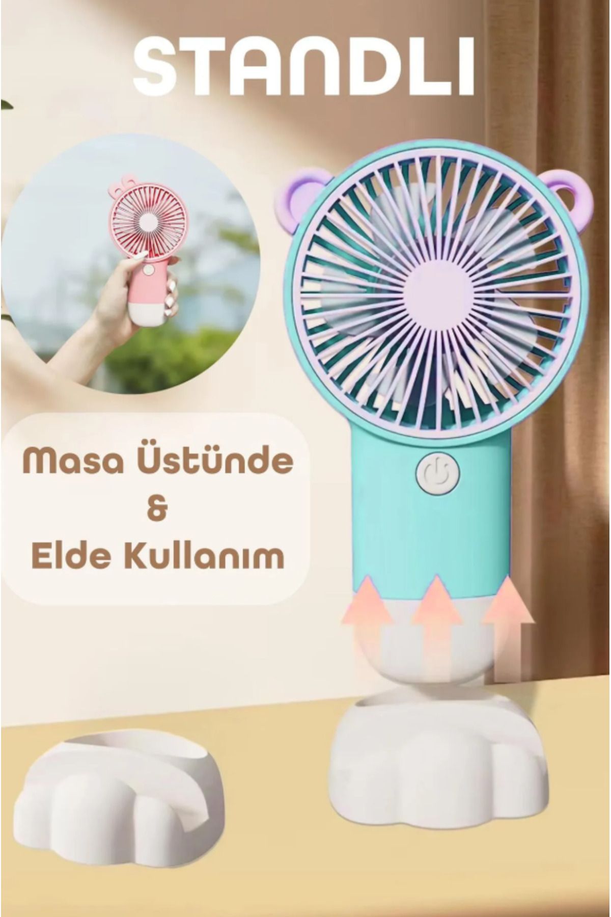 BK Commerce Turkuaz Şarjlı Telefon Standlı Taşınabilir Mini Masa Vantilatörü - Mini Fan