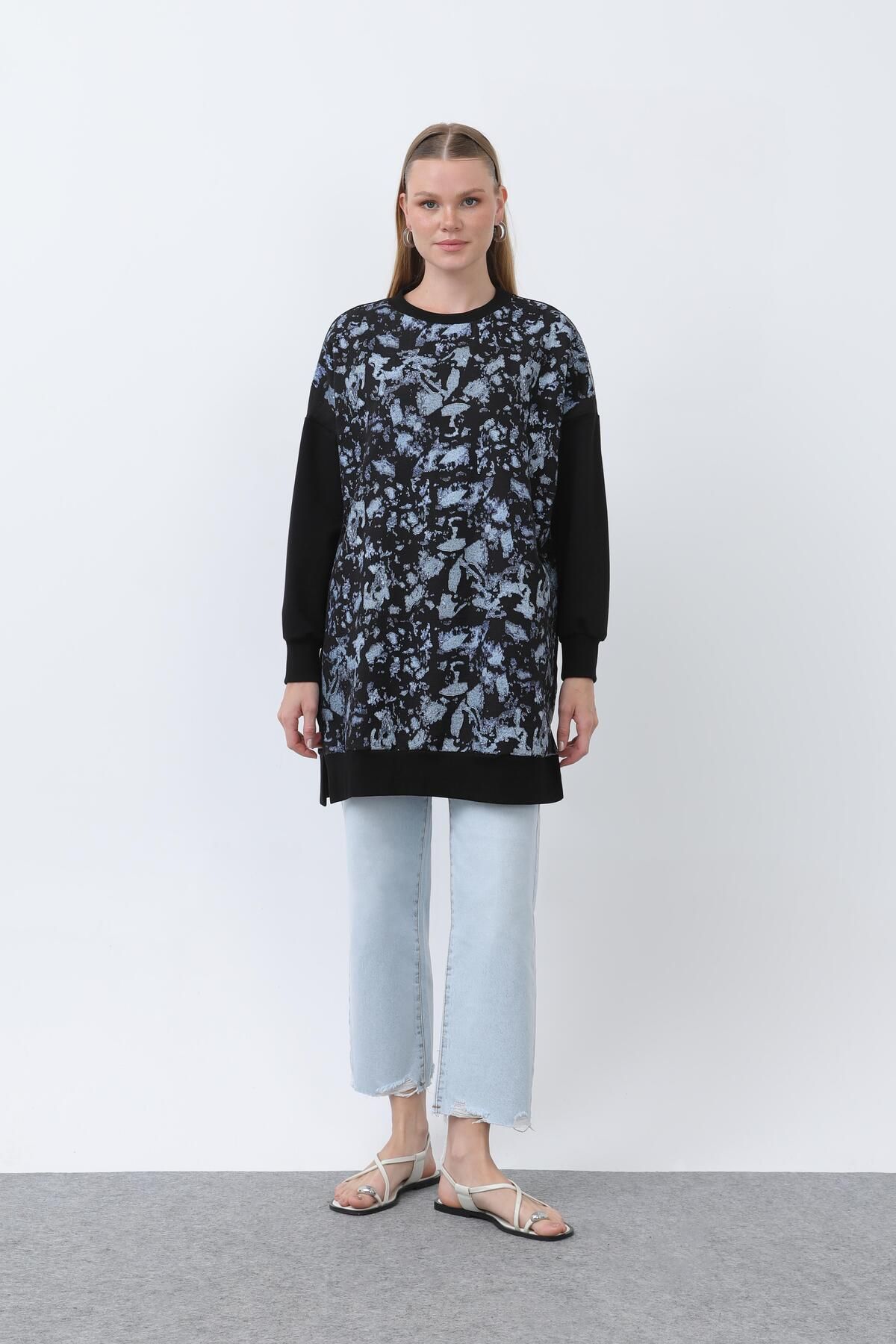 Puane Kadın Baskı Garnili Tunik - 10667TUN - BLACK
