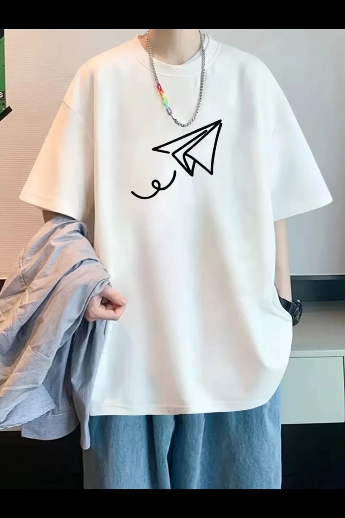 cakır and moniva Uçak Baskılı Oversize Bisiklet Yaka Kısa Kol Erkek T-shirt