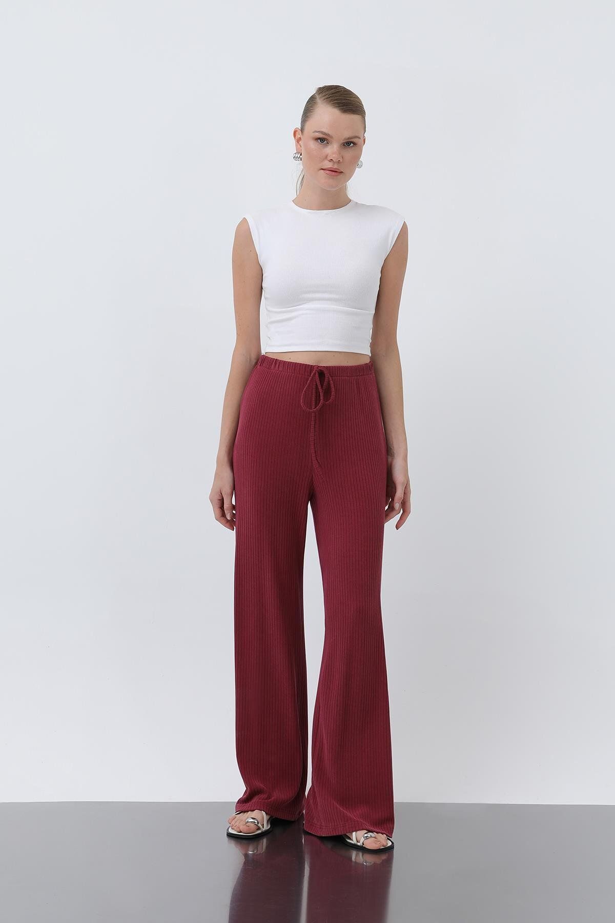 Soul Kadın Fitilli Belden Bağlamalı Pantolon -32224PNT - BURGUNDY
