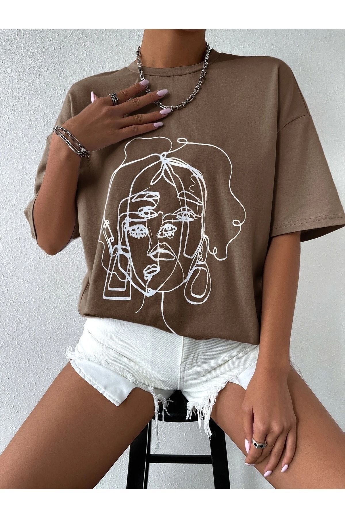 Hunors Sportswear & Company Çizgi Yüz Baskılı Kadın / Kız Oversize T-shirt Salaş Boyfirend