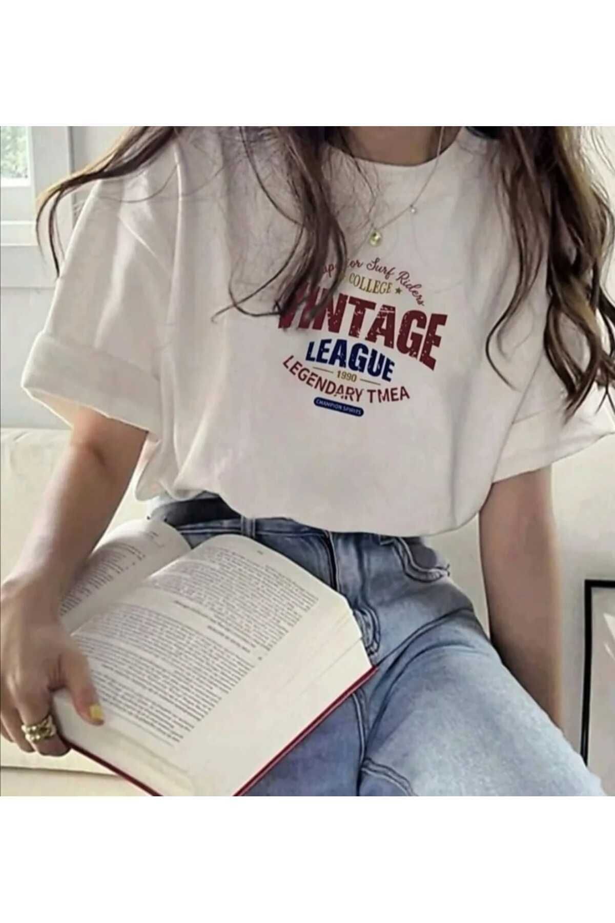 Hunors Sportswear & Company VİNTAGE Baskılı Kadın Salaş Oversize Boyfirend Beyaz T-shirt