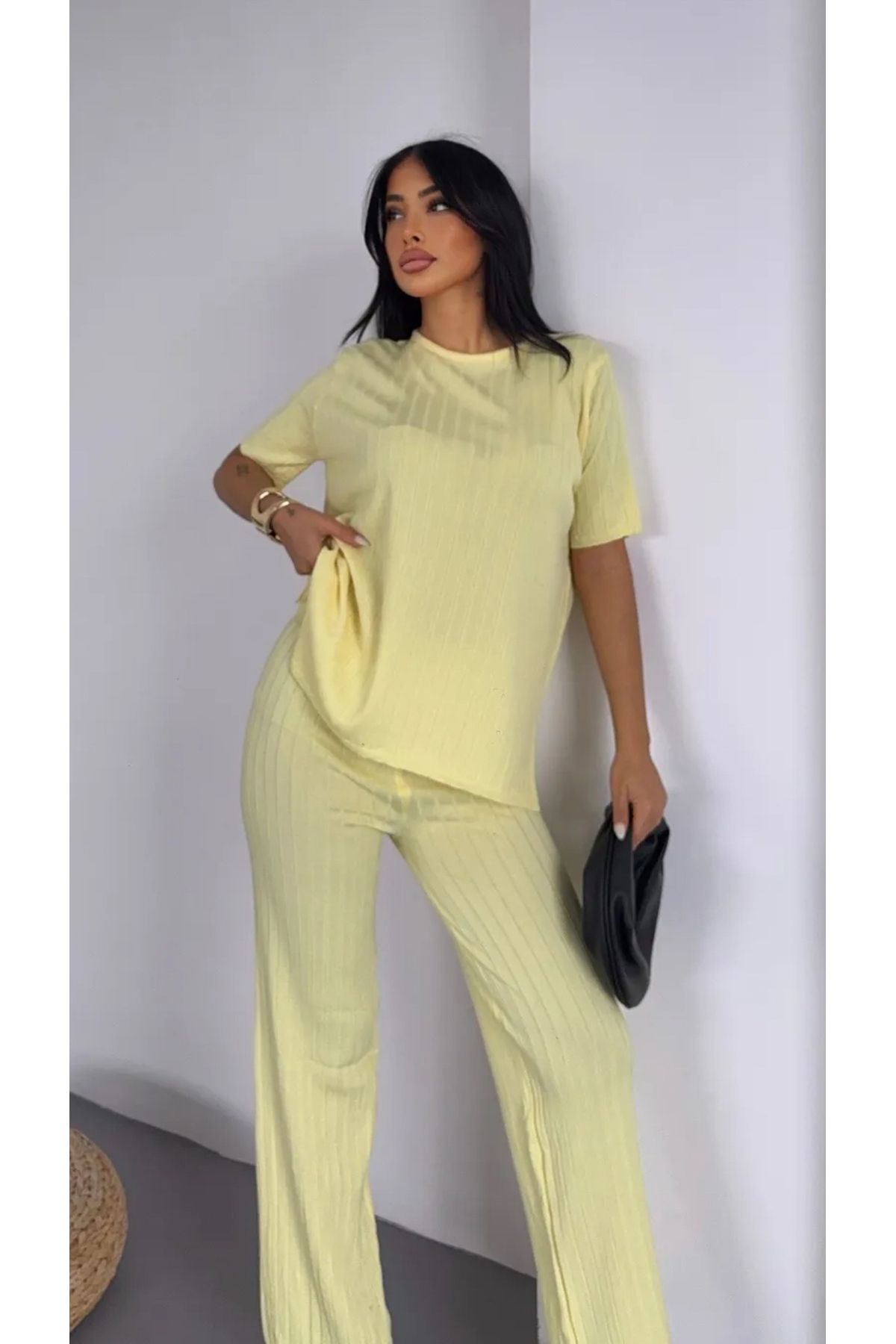 Noi Belis Bisiklet Yaka Fitilli Geniş Kalıp/Oversize Bluz Pantolon Yazlık Takım SS25AU0004