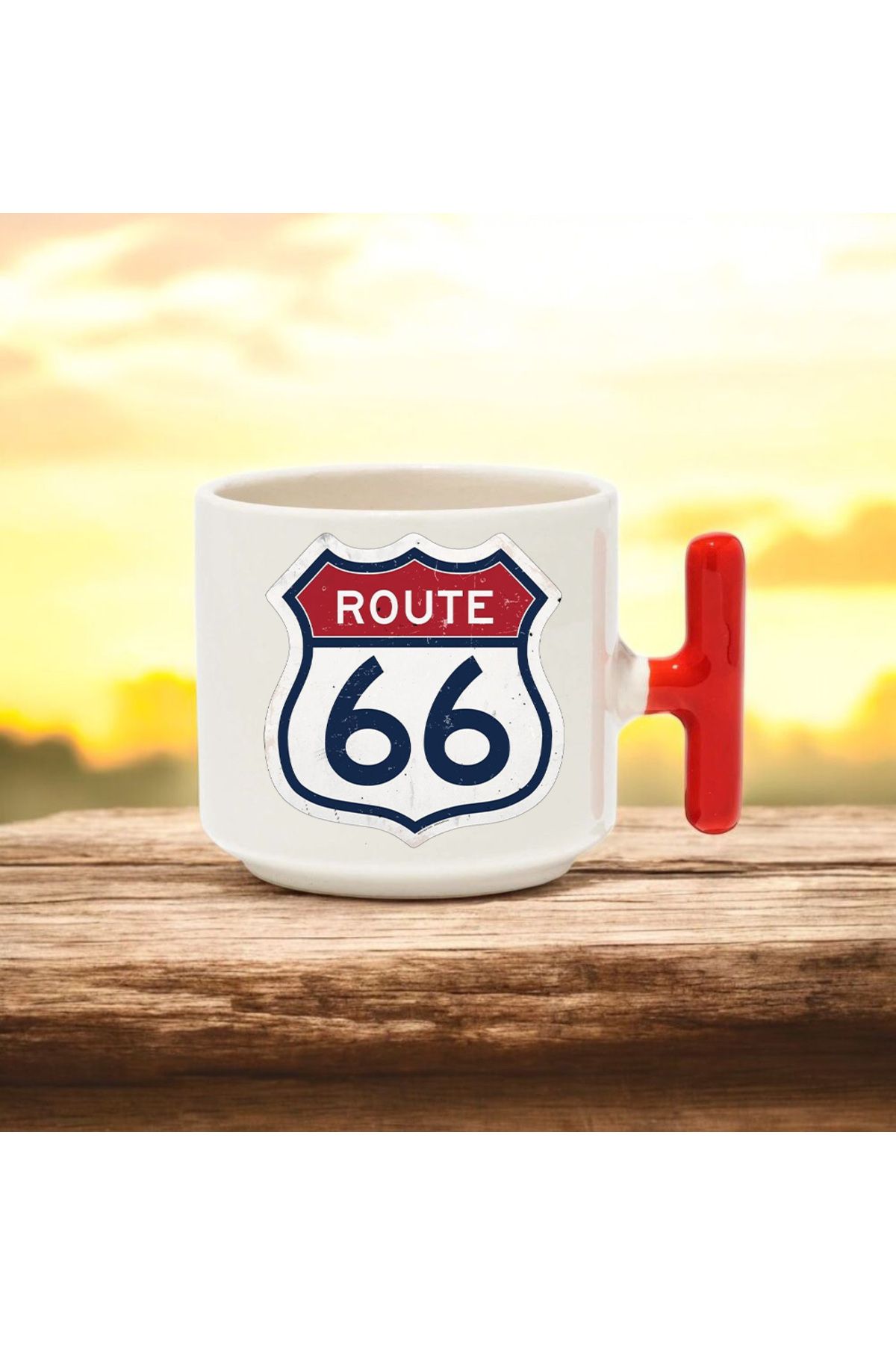 BB TRADE Route 66 Tasarımlı Kırmızı T Kulplu Seramik Baskılı Kupa Bardak 250 ML