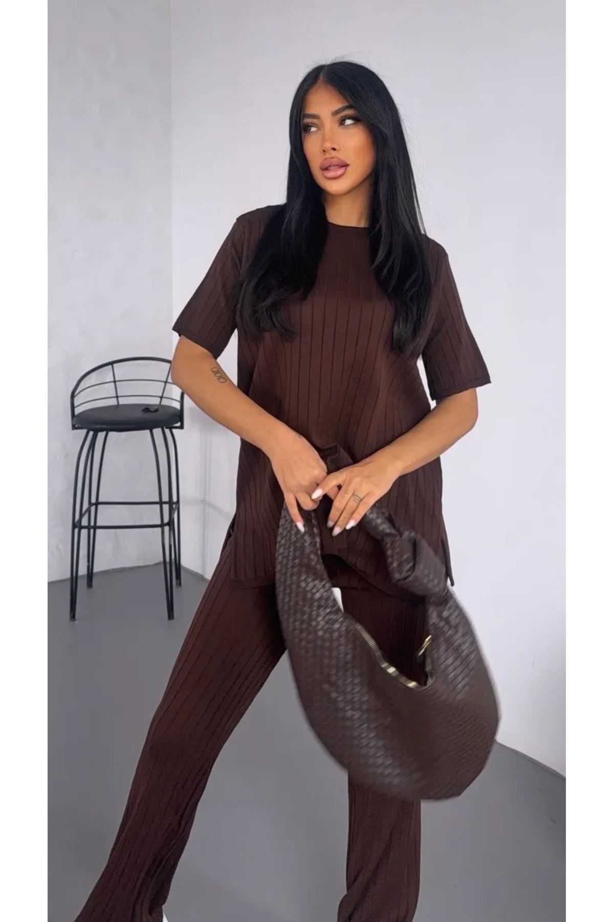 Noi Belis Bisiklet Yaka Fitilli Geniş Kalıp/Oversize Bluz Pantolon Yazlık Takım SS25AU0004