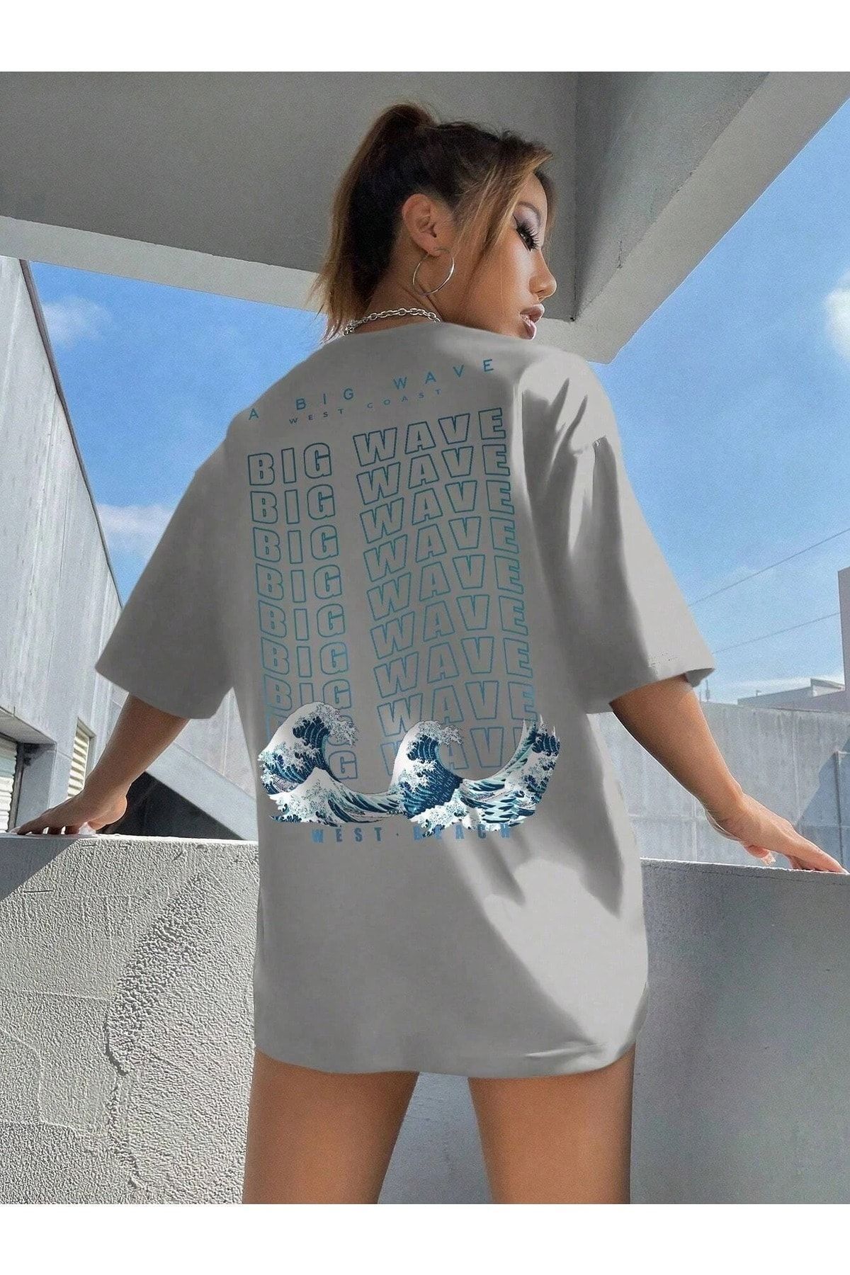 Hunors Sportswear & Company Big Wave Baskılı Kadın / Kız Oversize T-shirt Salaş Boyfirend