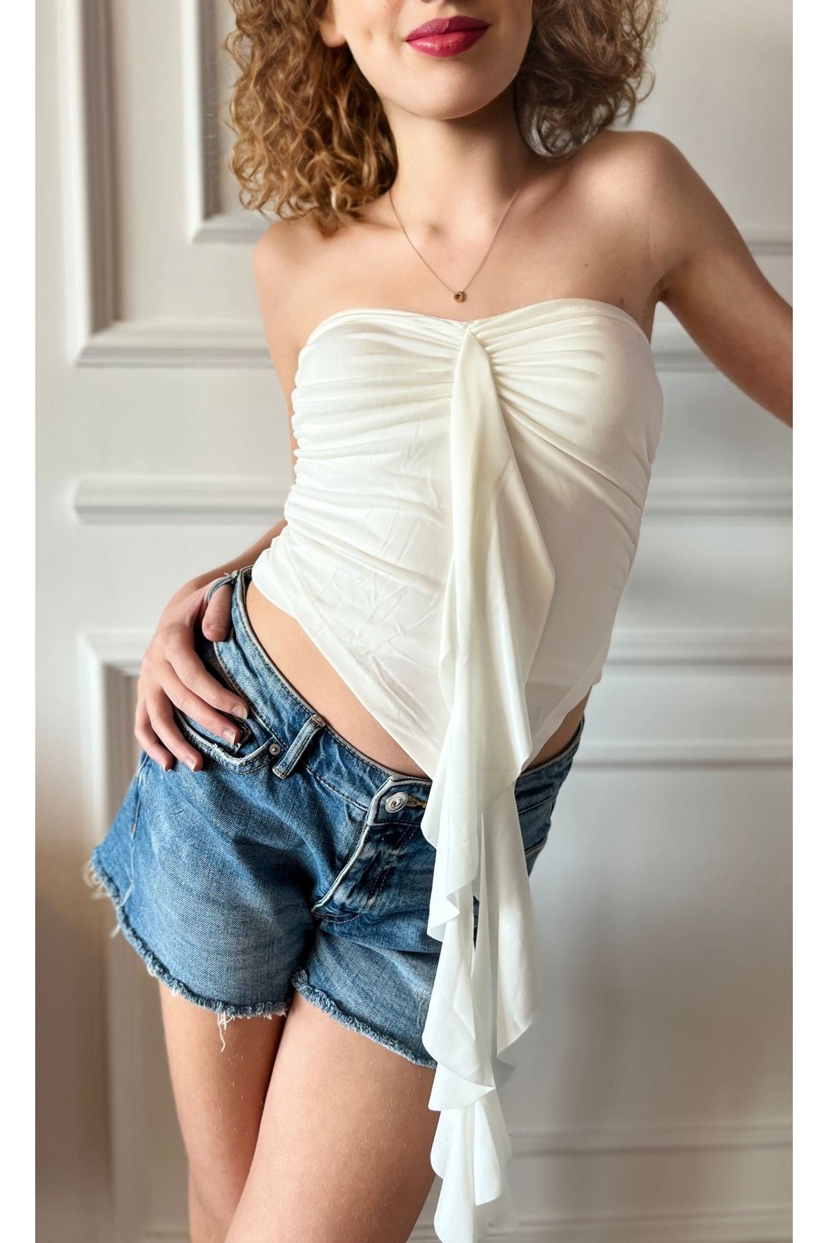 Butik Straplez Volan Detaylı Siyah Crop