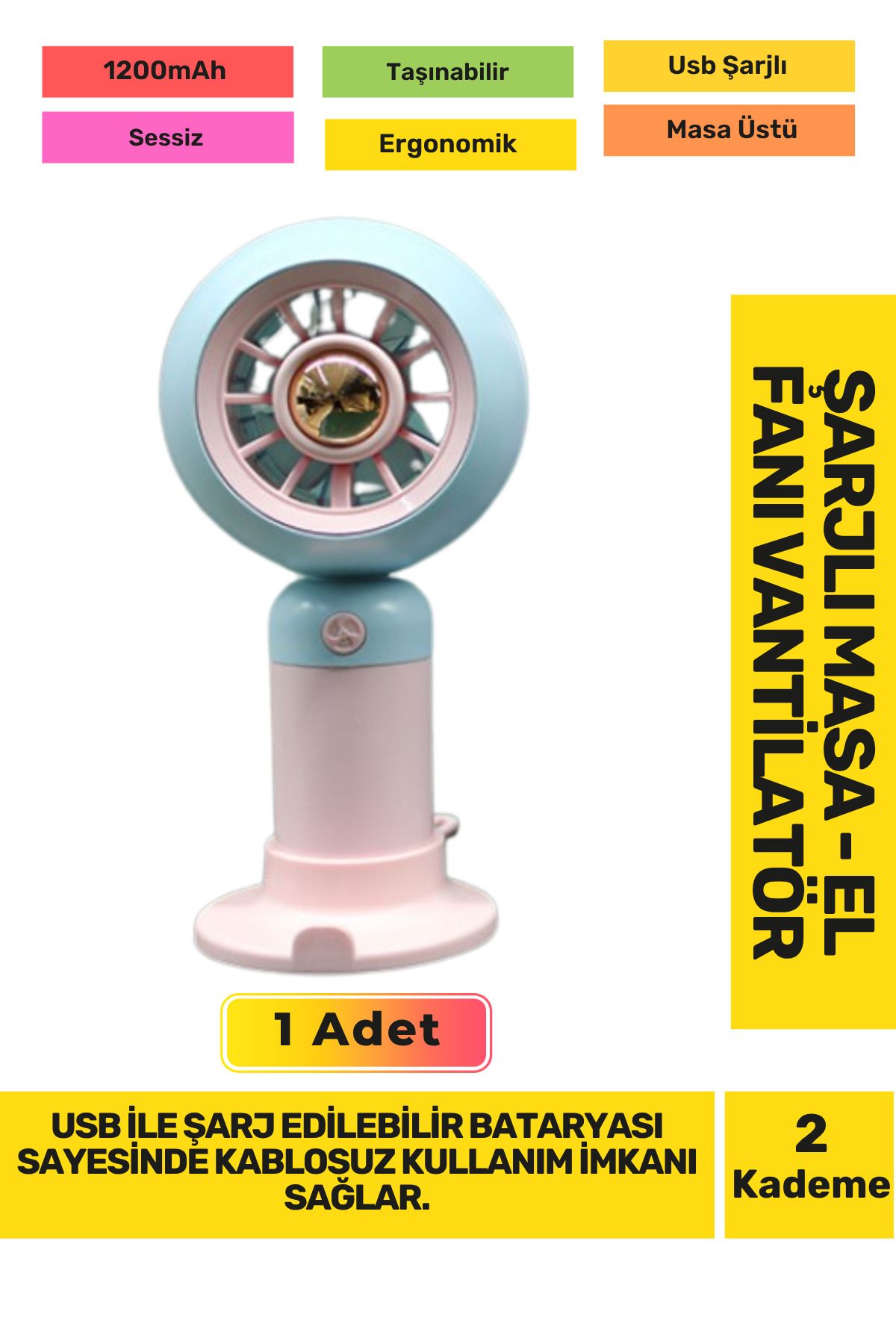 Fantazer Ultra Sessiz 2 Kademeli Hafif Kablosuz 1200mAh Pervaneli Taşınabilir Usb Şarj Masa El Fan Vantilatör