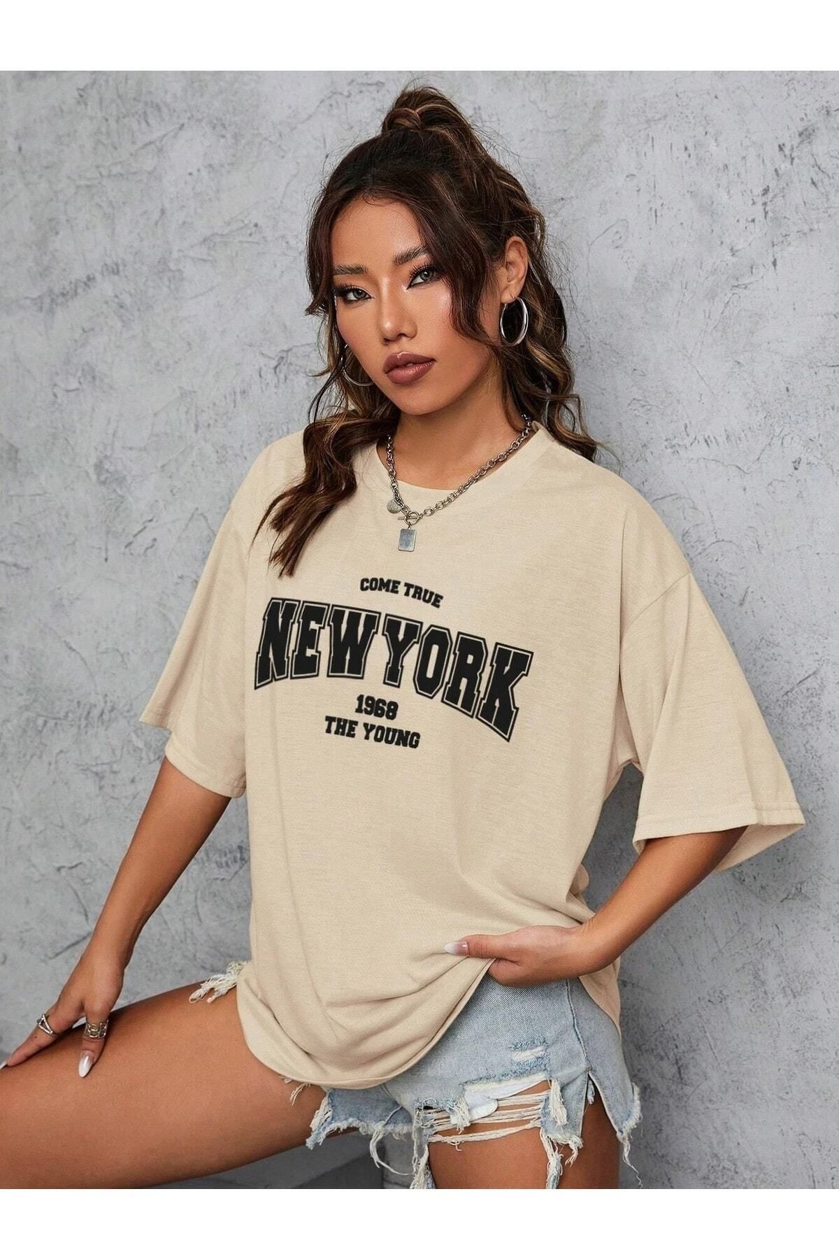 Hunors Sportswear & Company New York 1968 Baskılı Kadın / Kız Oversize Salas T-shirt Boyfriend