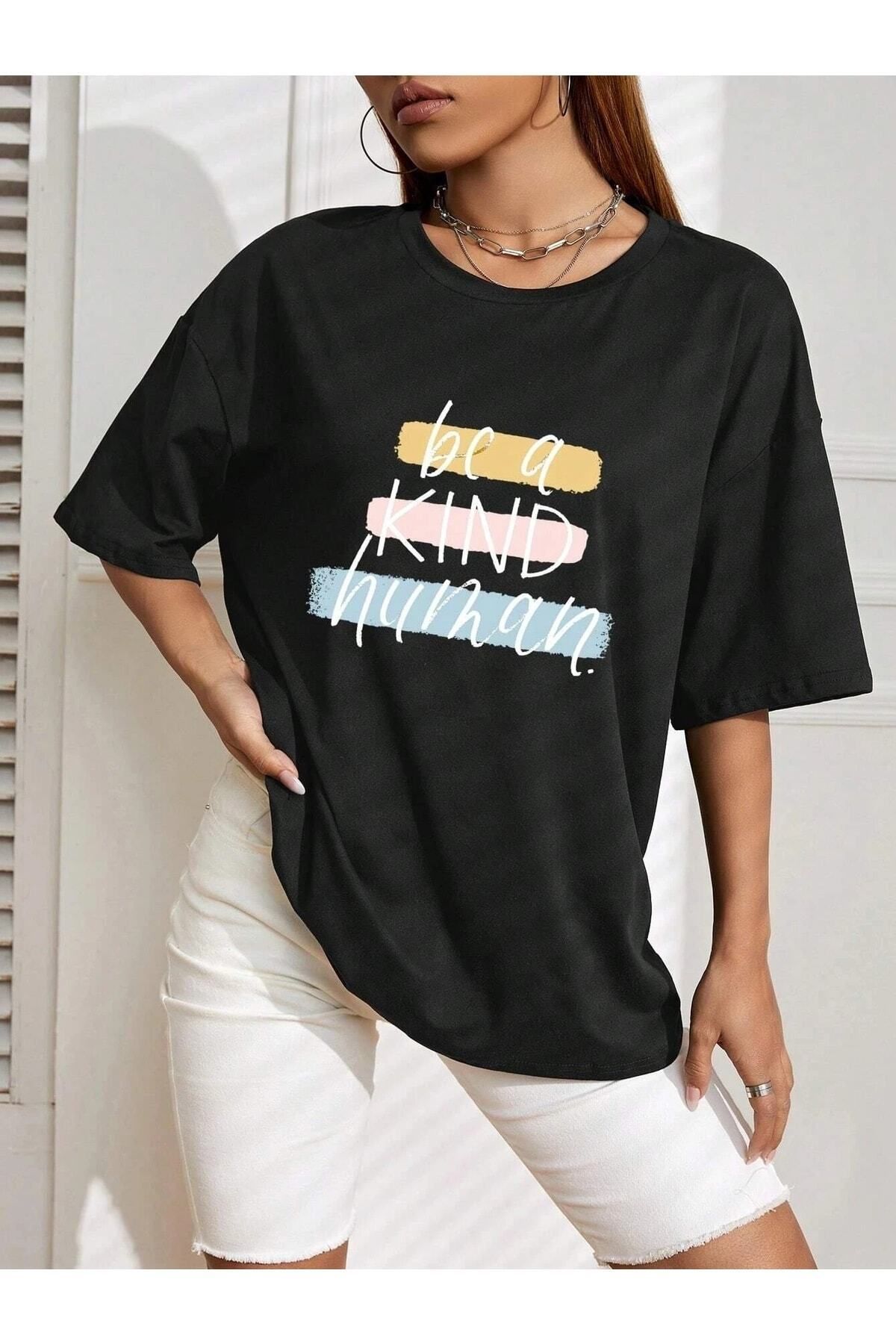 Hunors Sportswear & Company Be A Kind Human Baskılı Kadın / Kız Oversize Gri Salas T-shirt Boyfriend