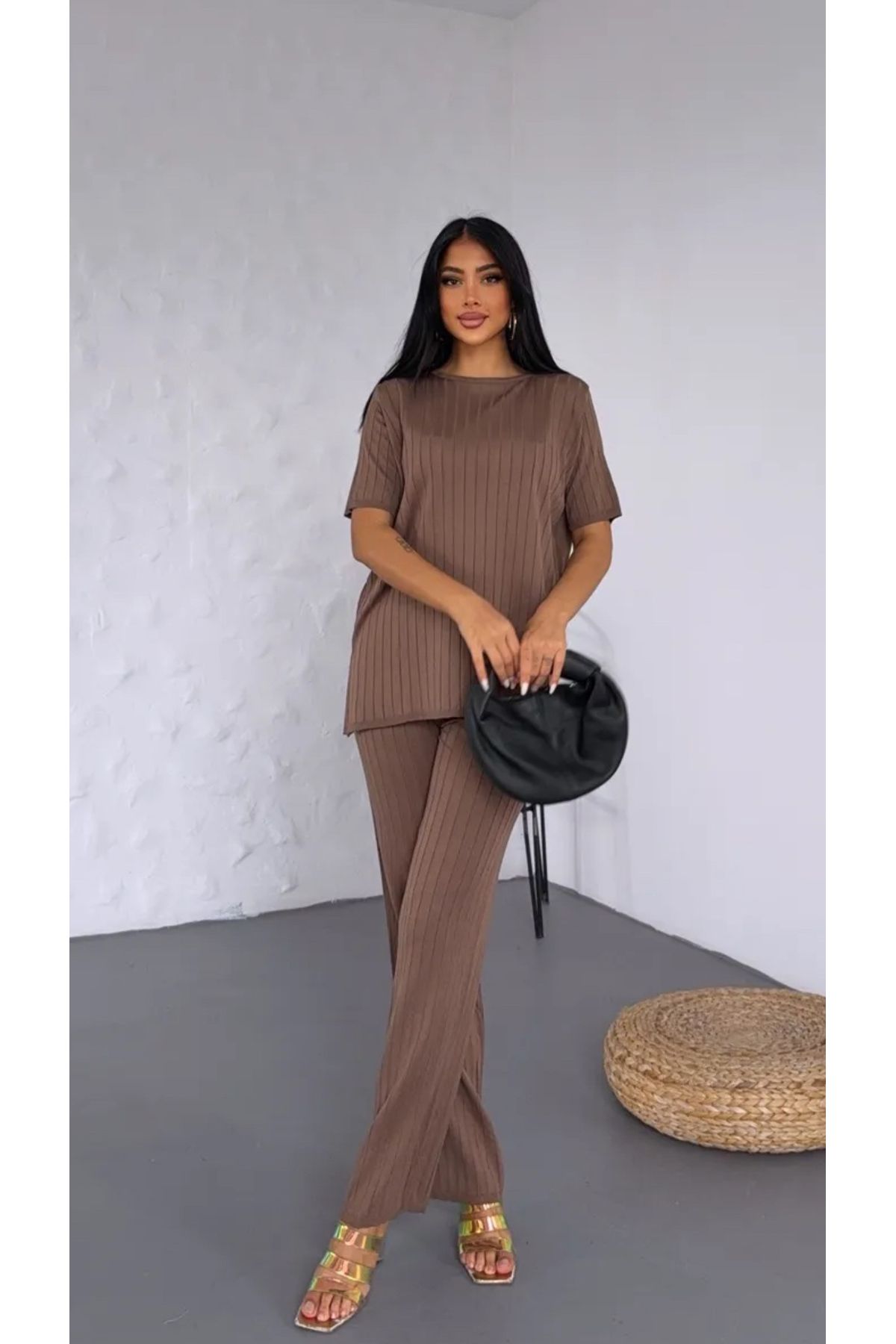Noi Belis Bisiklet Yaka Fitilli Geniş Kalıp/Oversize Bluz Pantolon Yazlık Takım SS25AU0004