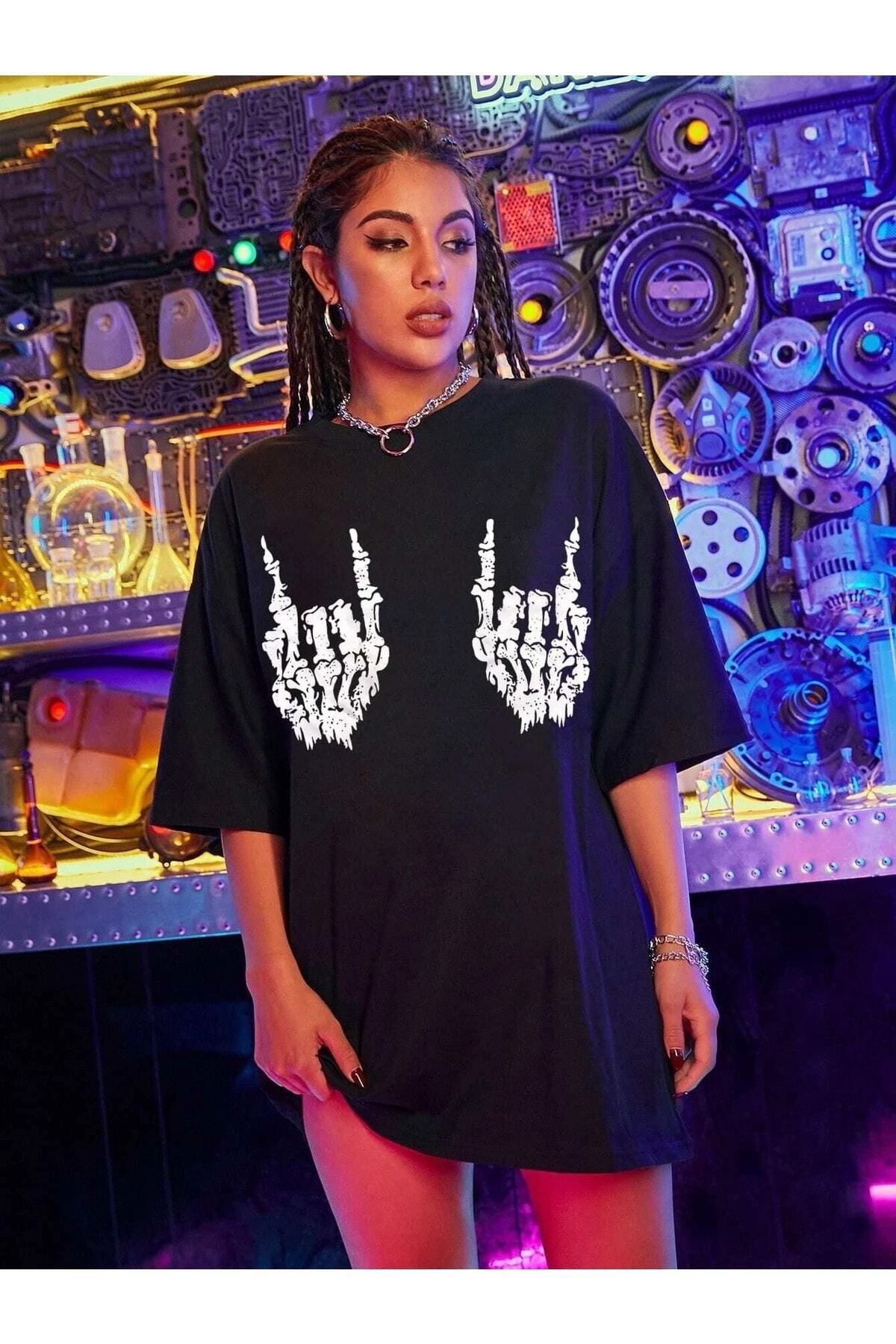 Hunors Sportswear & Company Kadın / Kız Devil Horns Baskılı Siyah Oversize T-shirt Salaş Boyfirend