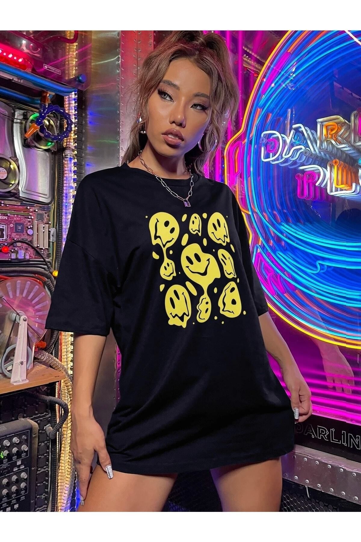 Hunors Sportswear & Company Kadın / Kız Emoji Baskılı Siyah Oversize T-shirt Salaş Boyfirend