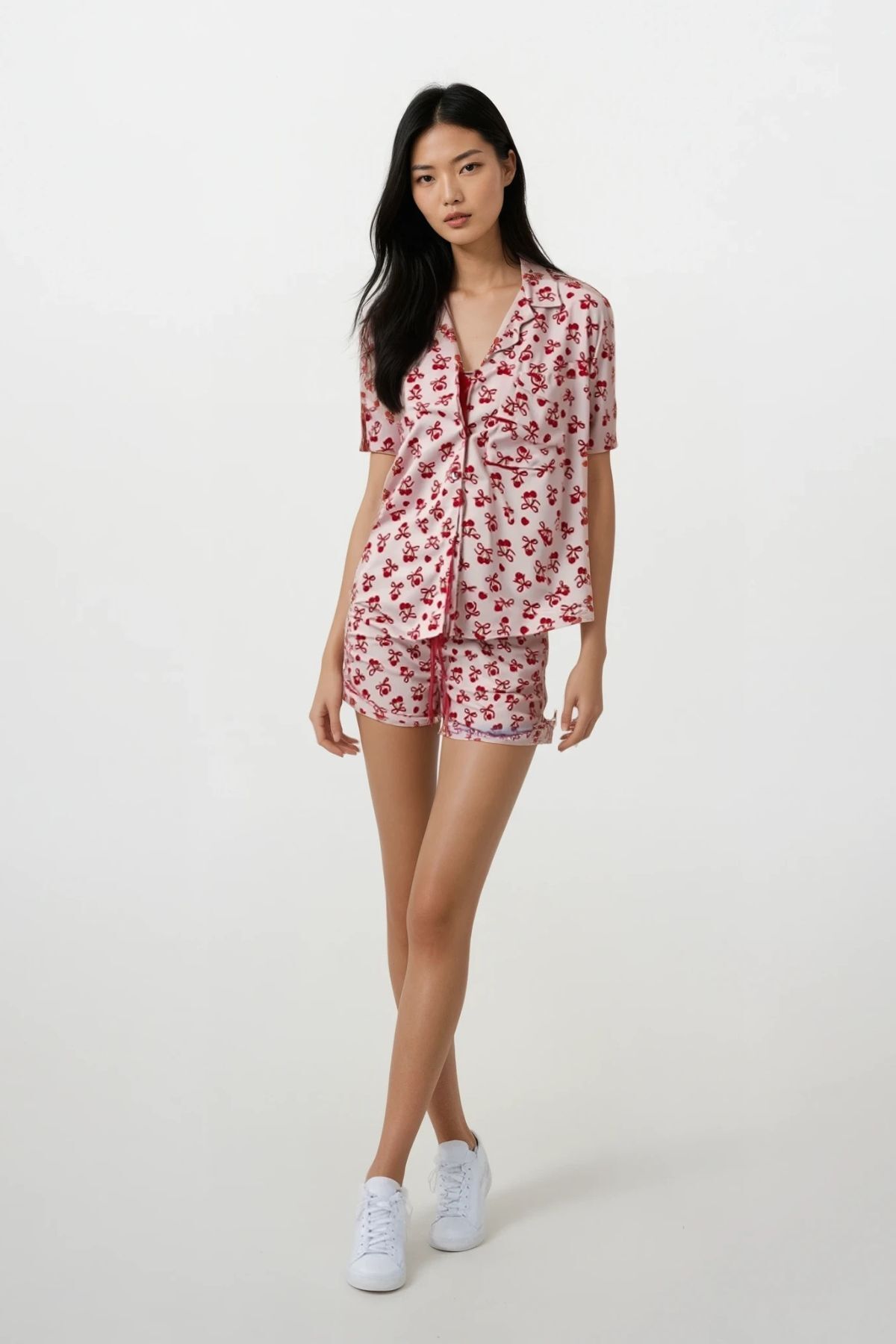 Ecrou-Women's Ecru Cherry Patterned Baby Collar Short Sleeve Shorts Pajama Set 2