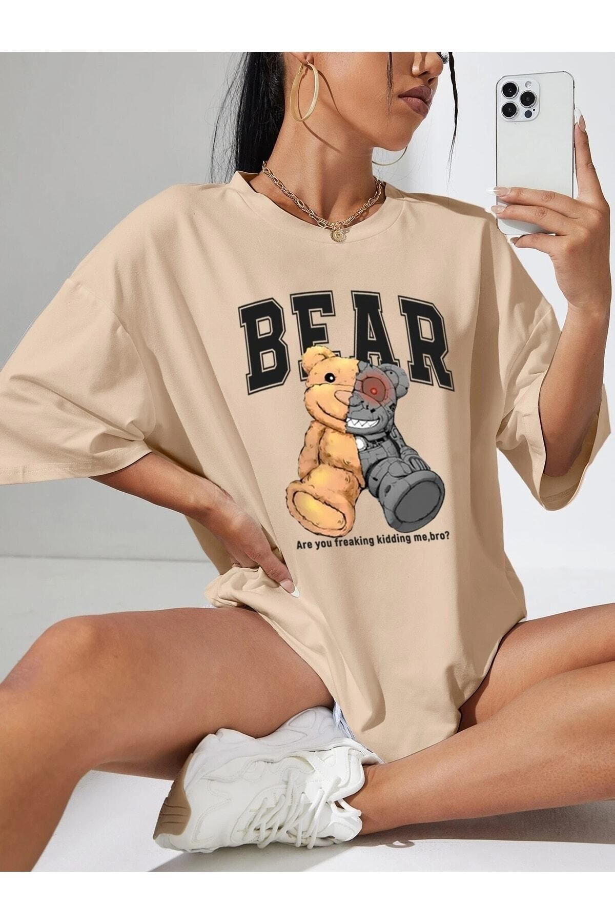 Hunors Sportswear & Company Bro Bear Baskılı Kadın / Kız Oversize Bej Salas T-shirt Boyfriend