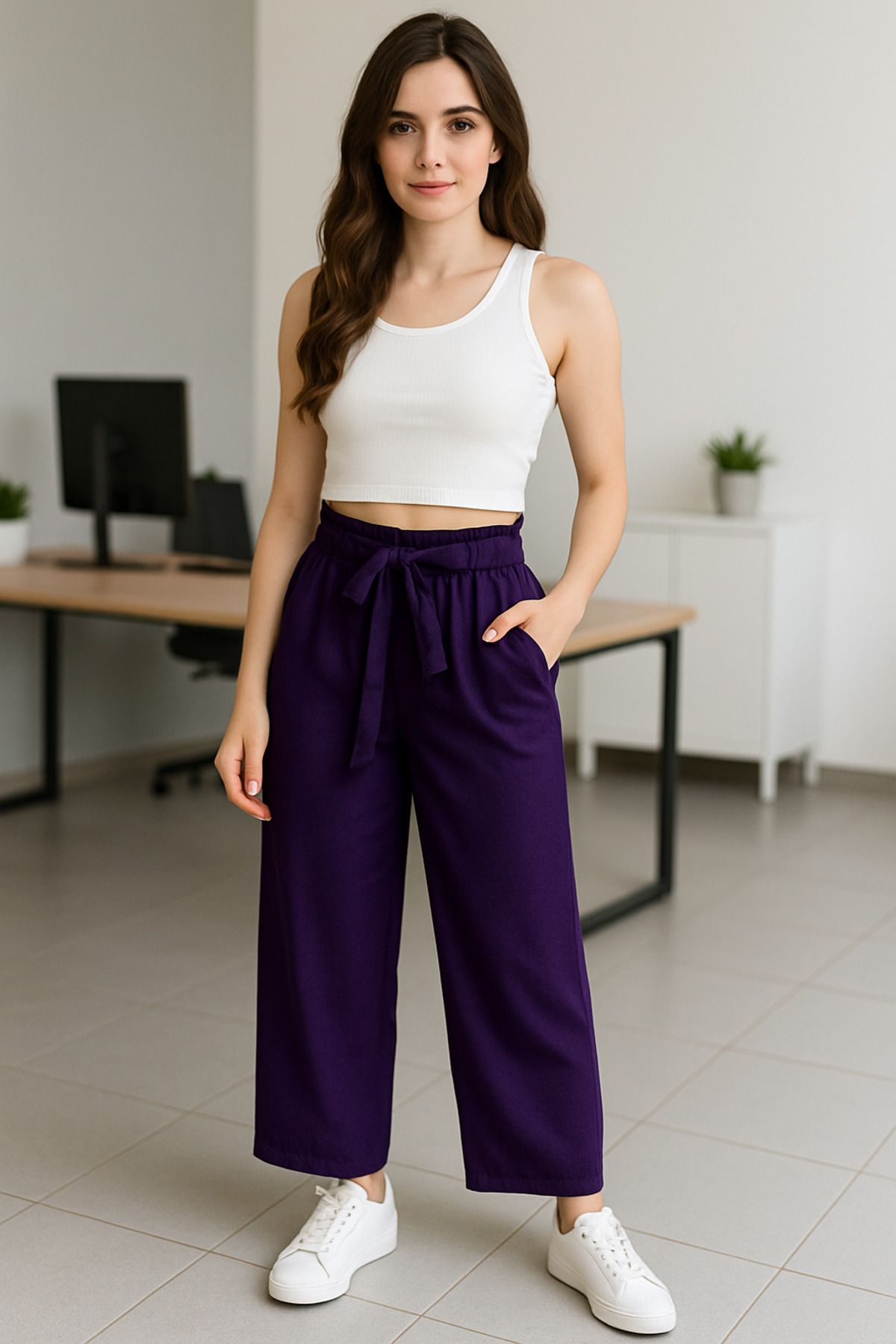 Hayalet Özel Tasarım Beli Lastikli Yandan Cepli Bol Paça Keten Pantolon - M/XL