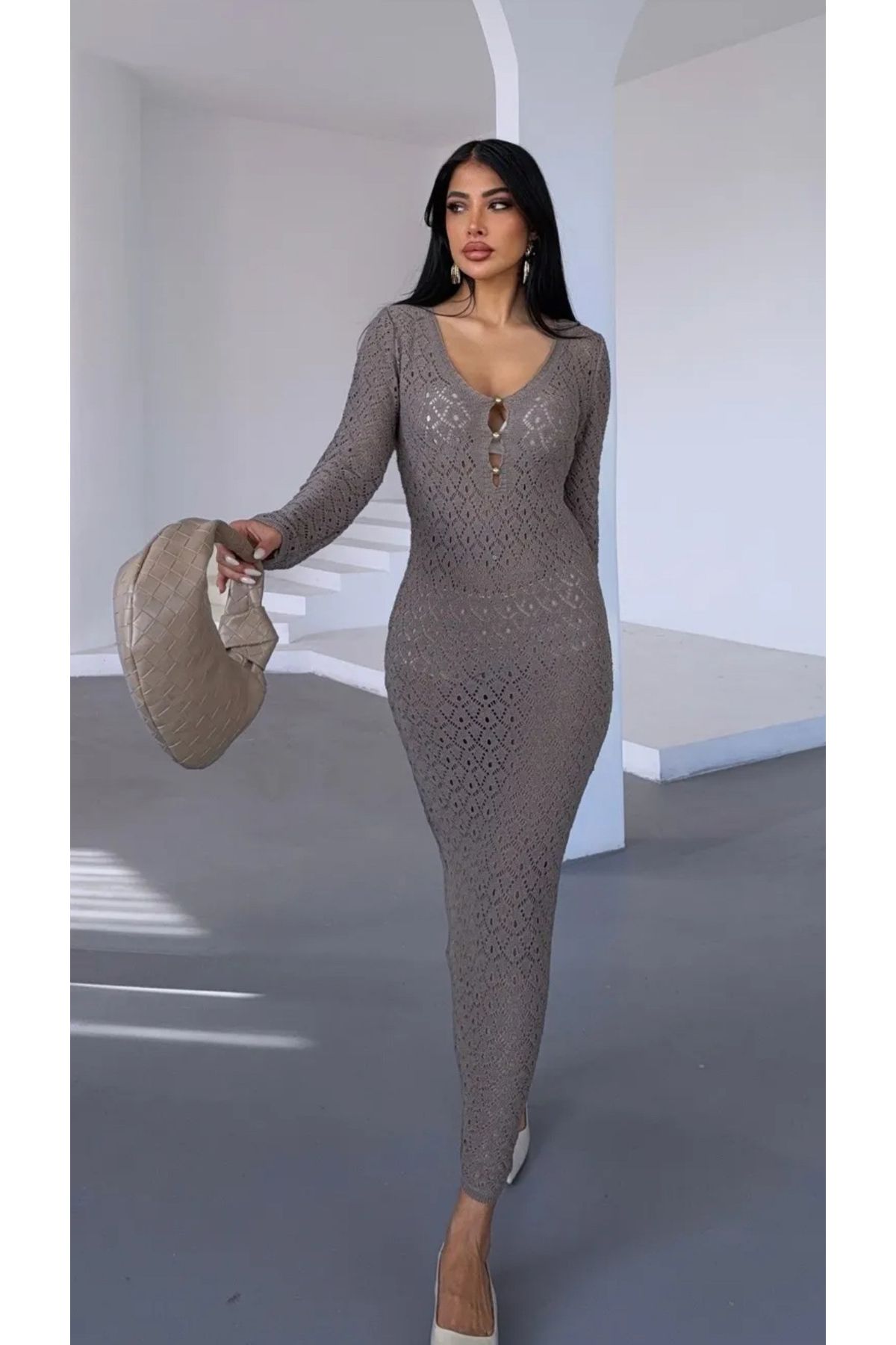 Noi Belis Maxi Boy V Yaka Ajurlu/Delikli Yazlık Elbise SS25EL0008