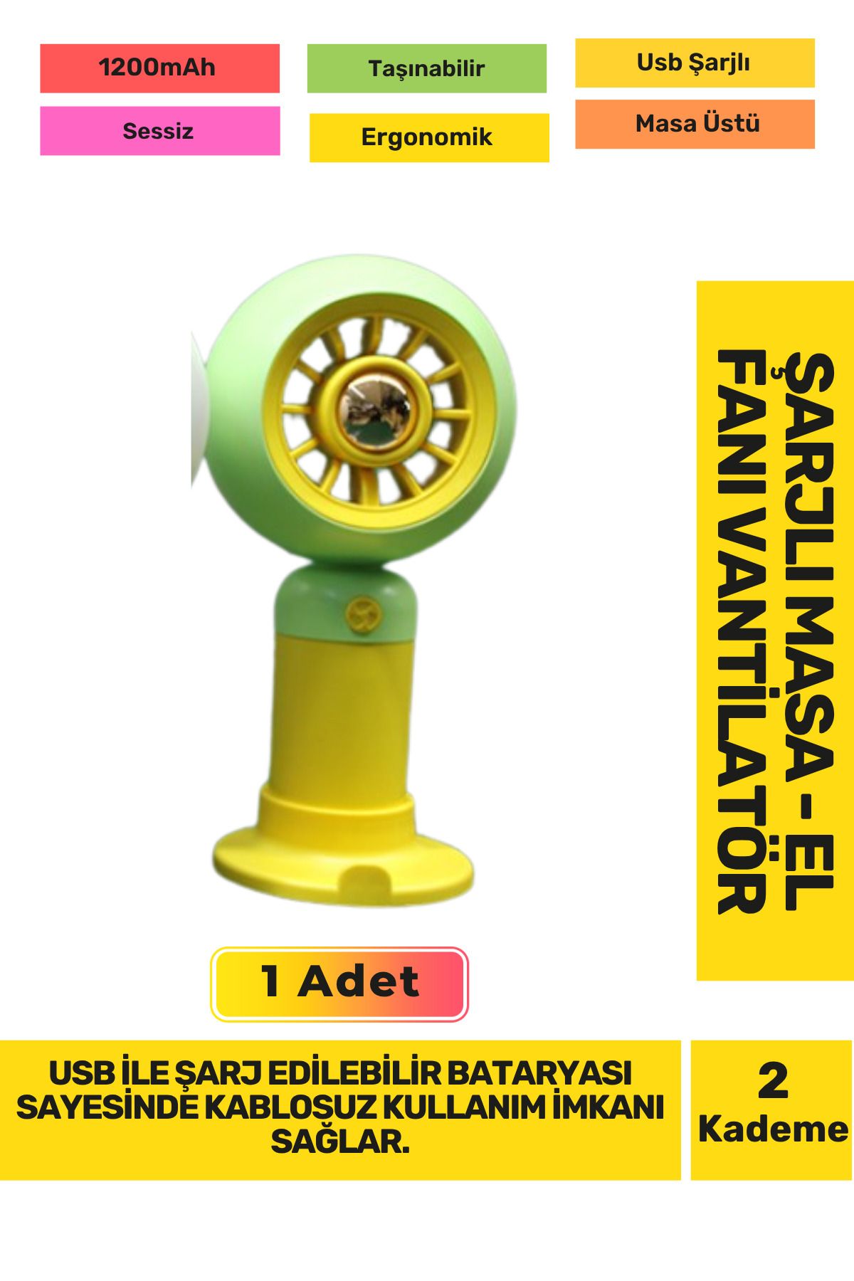 Fantazer Ultra Sessiz 2 Kademeli Hafif Kablosuz 1200mAh Pervaneli Taşınabilir Usb Şarj Masa El Fan Vantilatör
