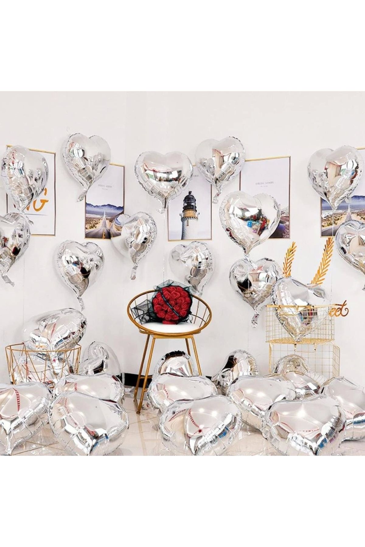 OurStyles Metalize Parlak Gümüş Şekilli Kalp Uçan Balon Folyo 45 cm 10 Adet - şık tasarım