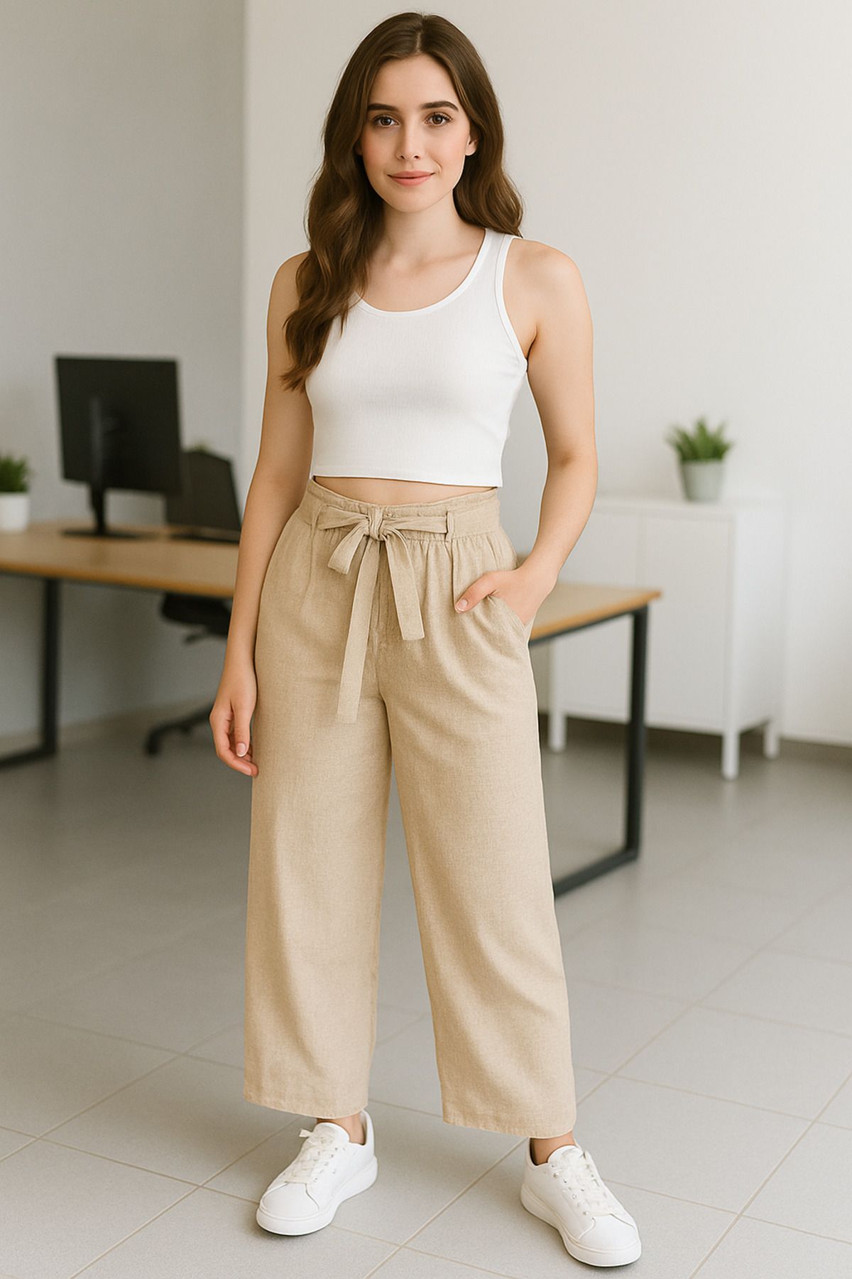 Hayalet Özel Tasarım Beli Lastikli Yandan Cepli Bol Paça Keten Pantolon - M/XL