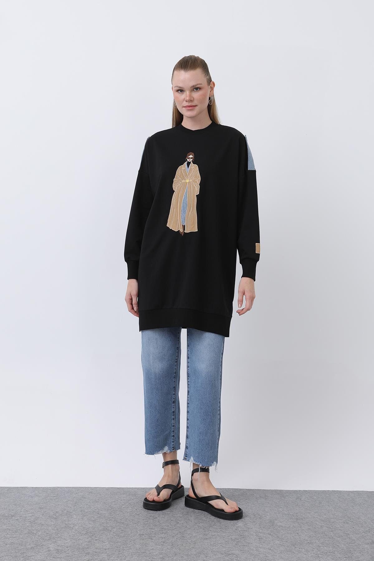 Puane Kadın Önü Nakışlı Ve Baskılı Tunik - 10655TUN - BLACK