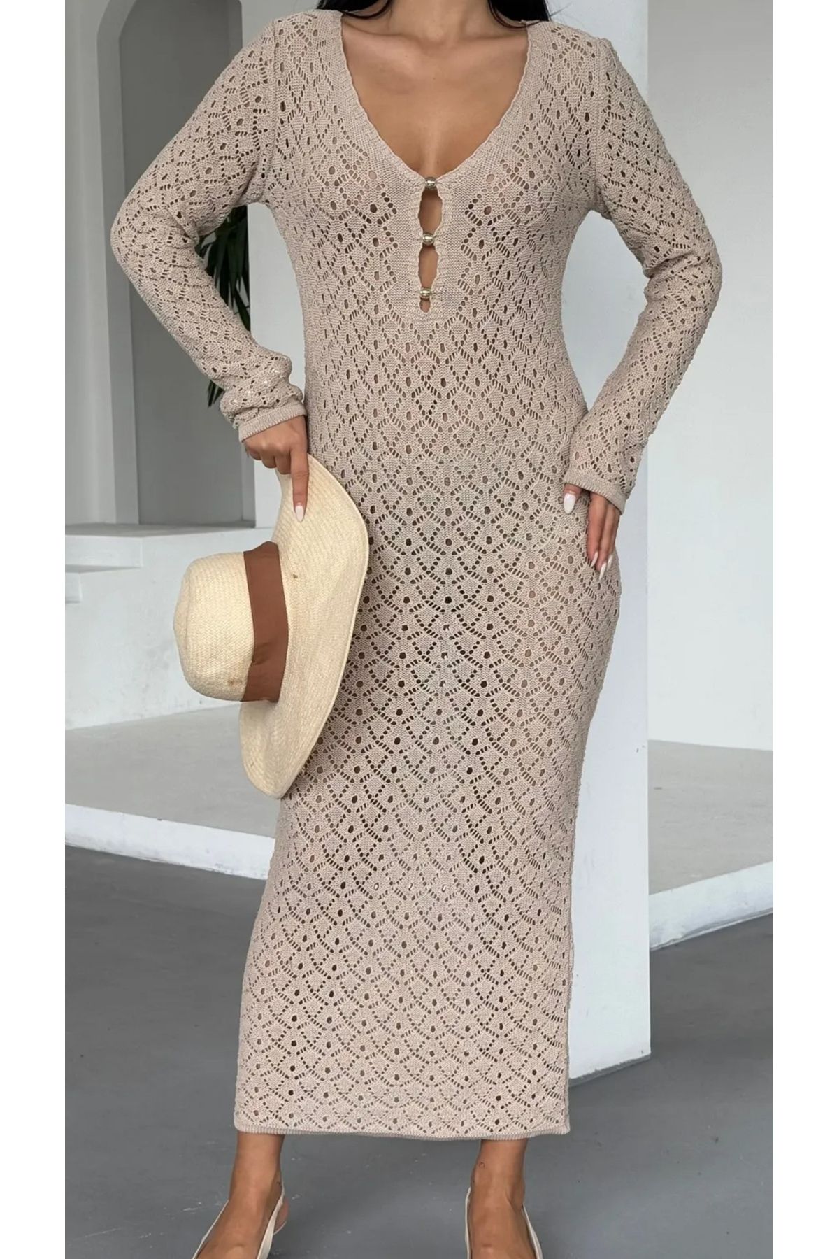 Noi Belis Maxi Boy V Yaka Ajurlu/Delikli Yazlık Elbise SS25EL0008