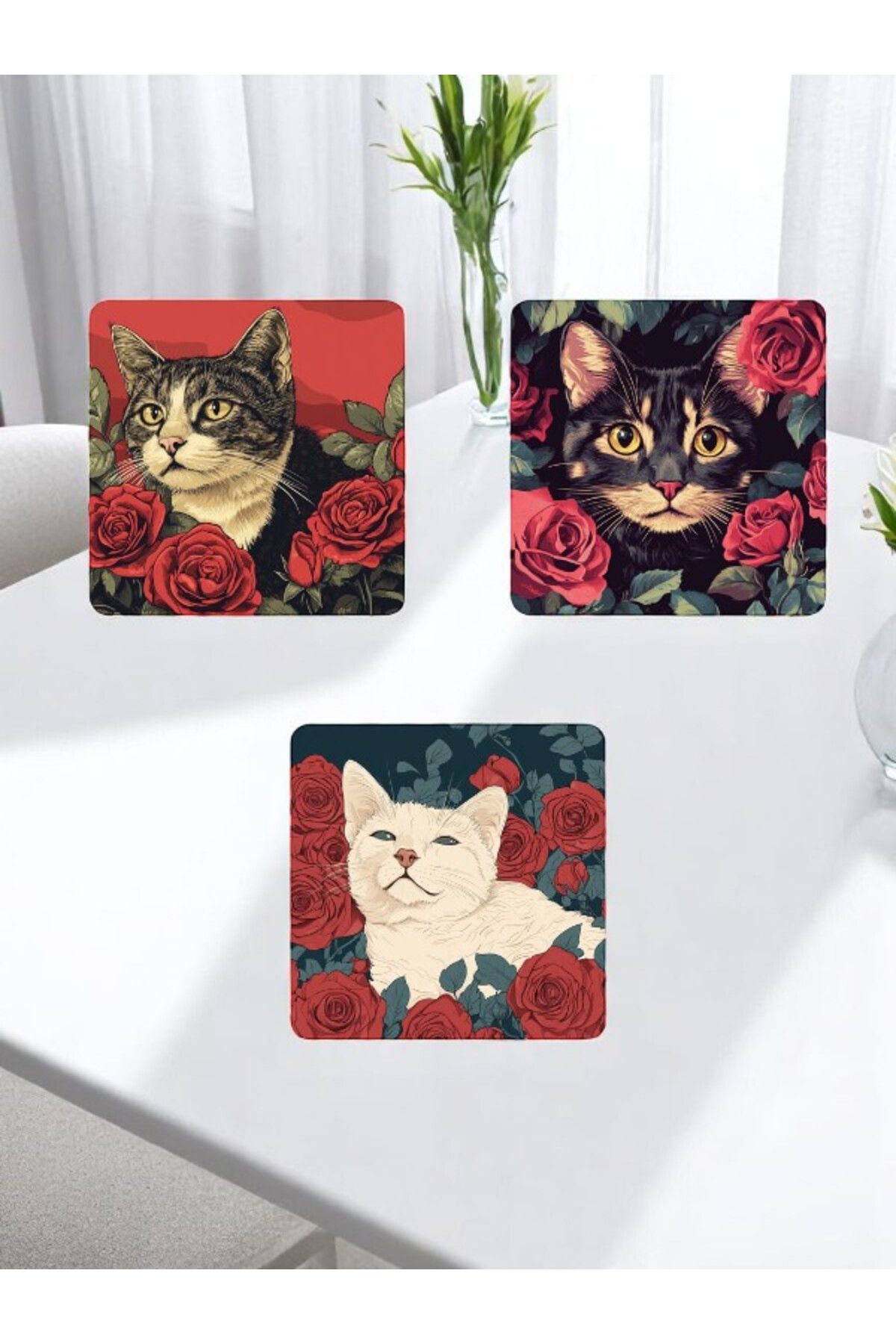 lili hediyelik Çiçekli Kedi Baskılı 3'lü Adf Bardak Altlığı