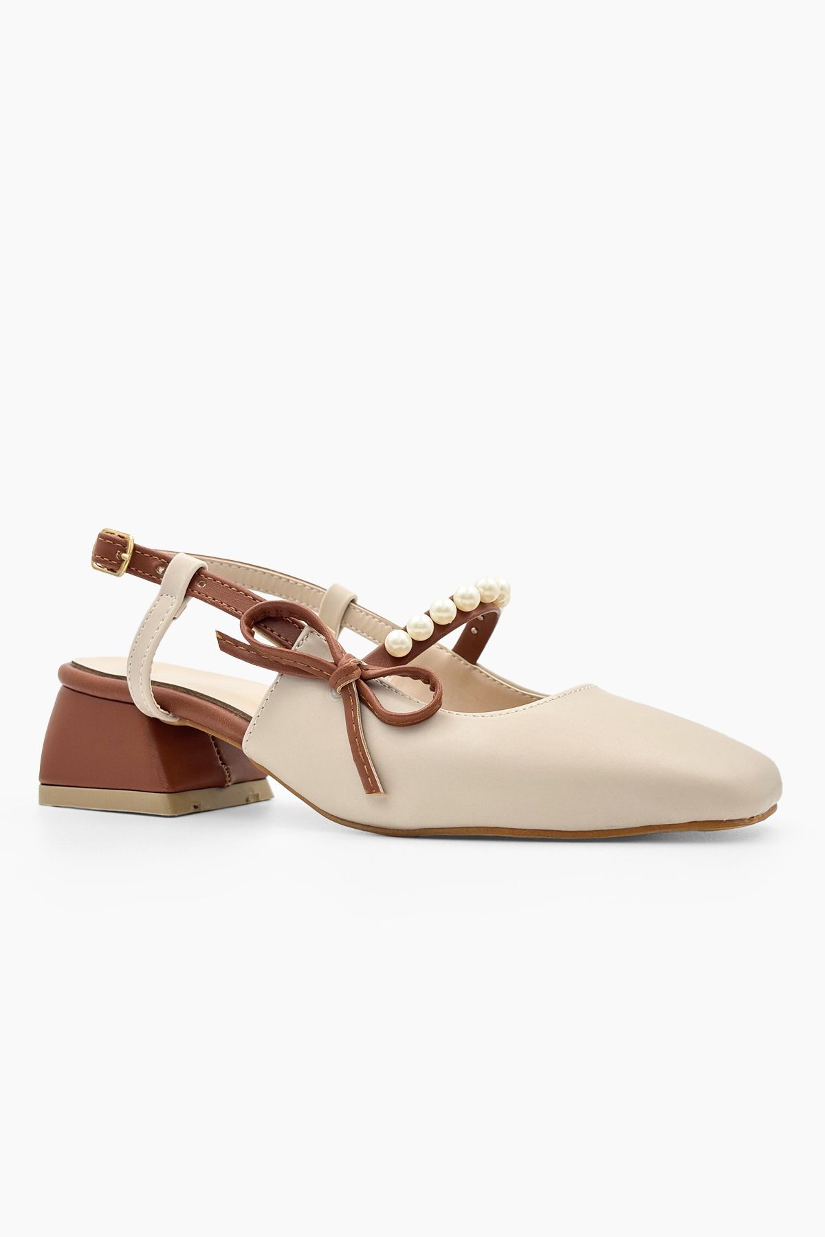 mybellashoes Kadın Ayakkabı İncili Fiyonk Detaylı Kadın Kısa Topuklu Arkası Açık Kadın Ayakkabı Babet Taba Krem