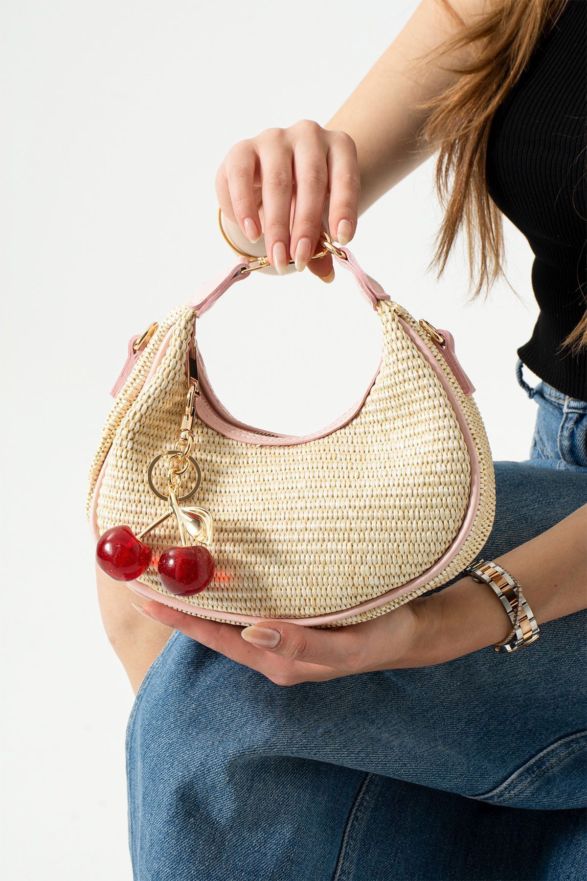 Assia Atelier Charm Hediyeli Kiraz Aksesuarlı Hasır Dokulu Yazlık Kadın Çanta (Omuz & Askılı)