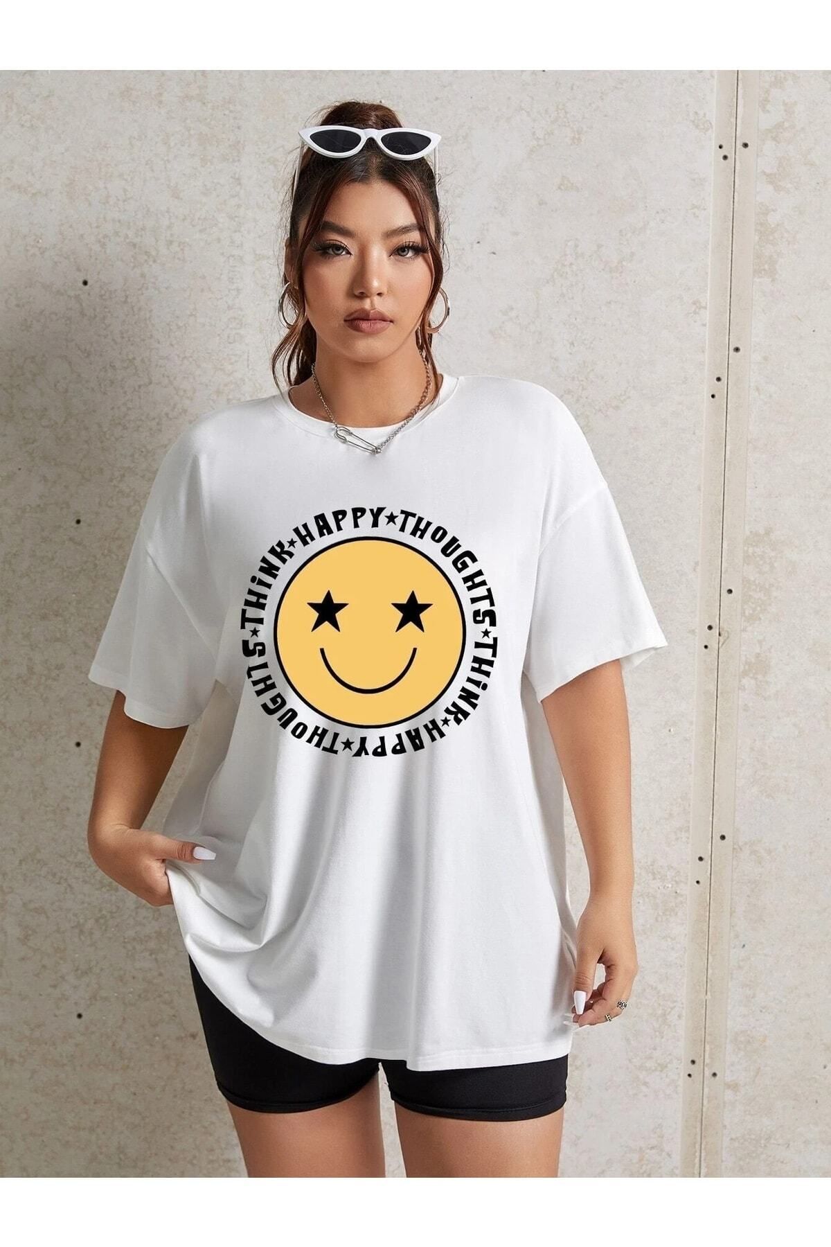 Hunors Sportswear & Company Kadın / Kız Happy Baskılı Beyaz Oversize T-shirt Salaş Boyfirend