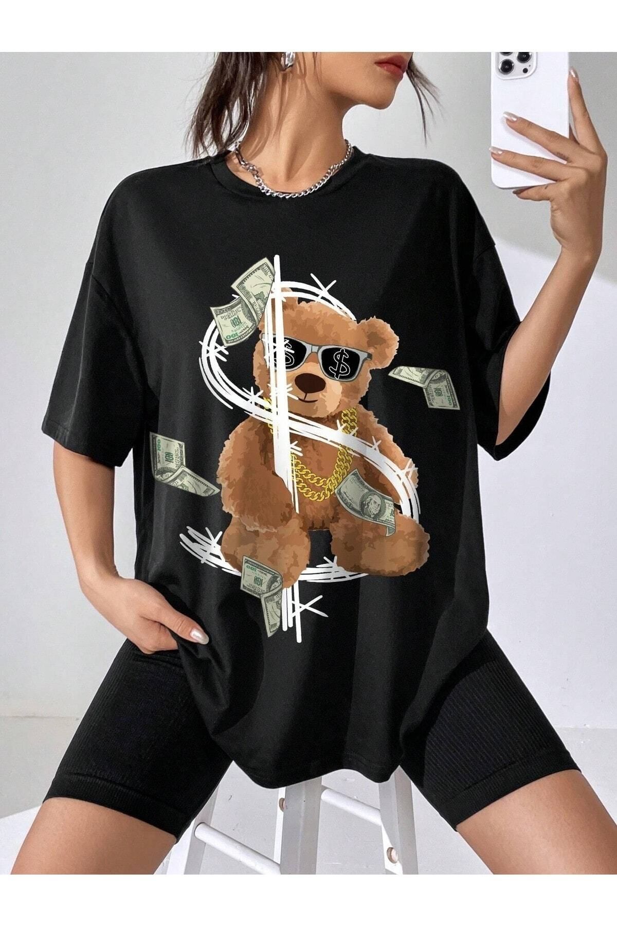 Hunors Sportswear & Company Kadın / Kız Dolar Bear Baskılı Oversize T-shirt Salaş Boyfirend