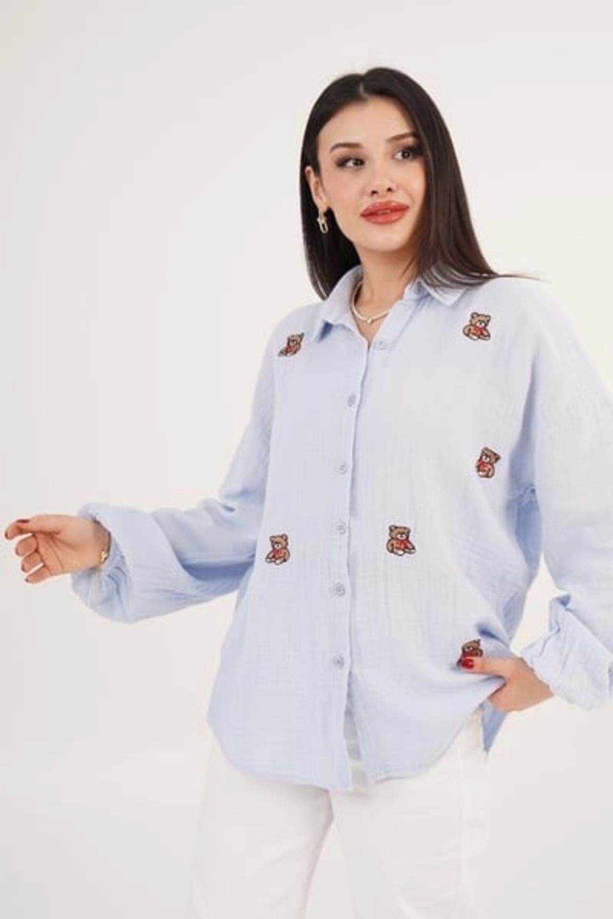 depo tekstil Bebe Mavisi Teddy Nakışlı Gömlek