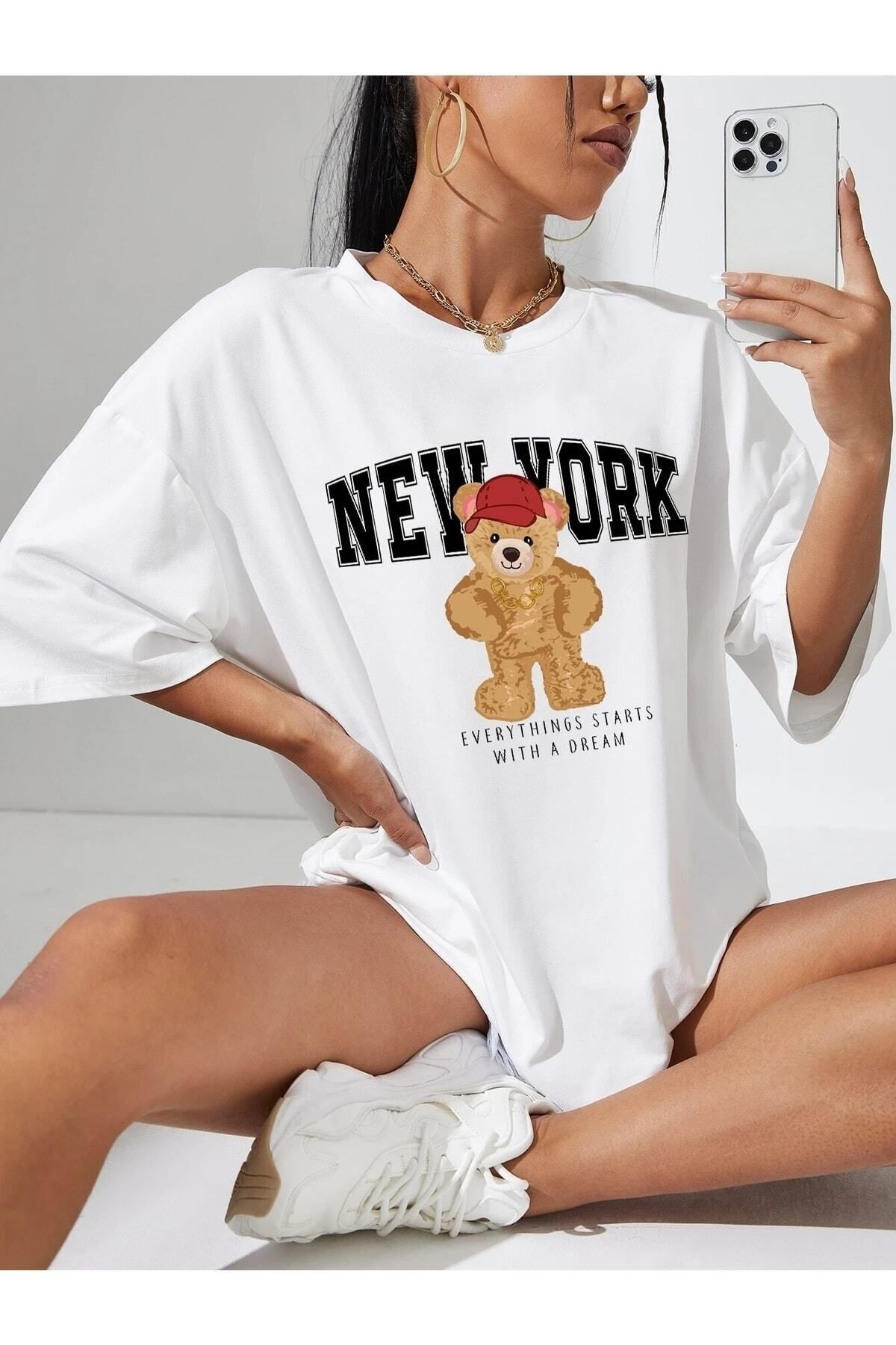 Hunors Sportswear & Company New York Baskılı Kadın / Kız Oversize Beyaz Salas T-shirt Boyfriend