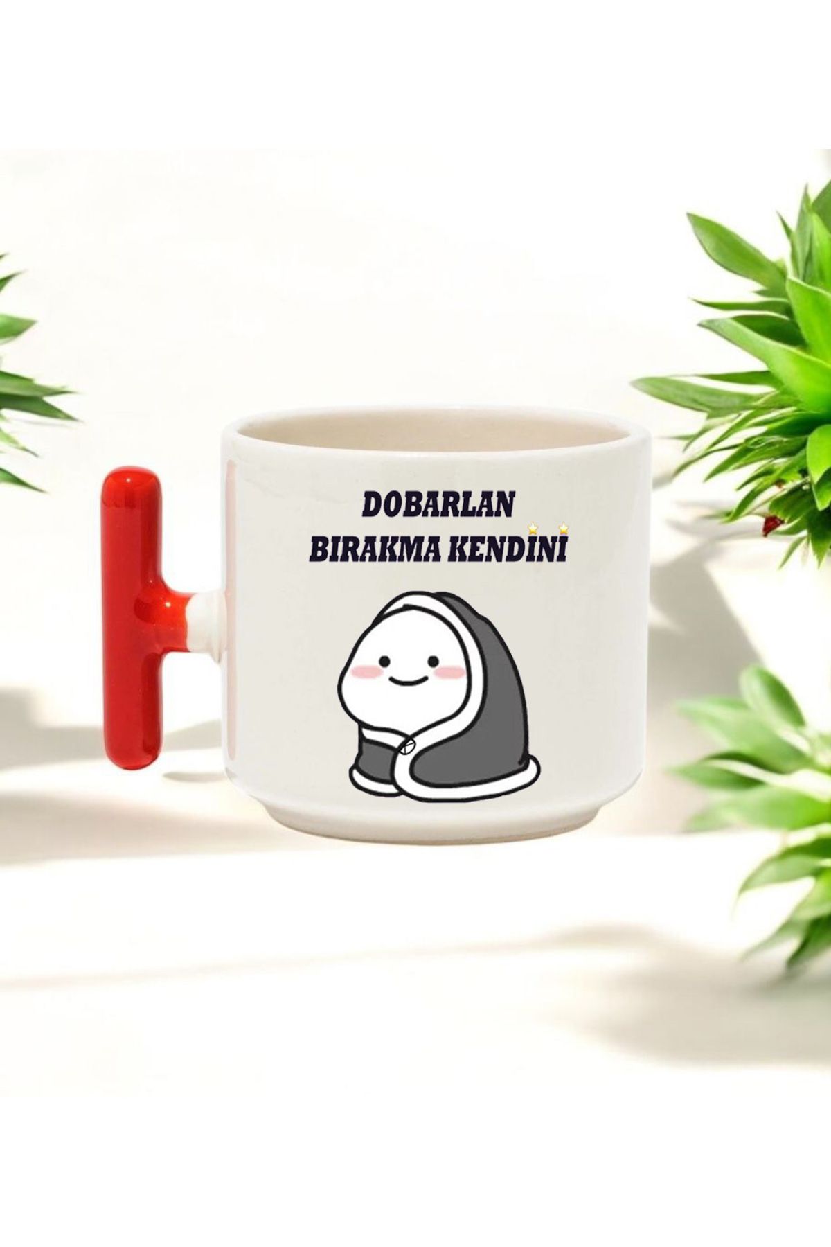 BB TRADE Dobarlan Bırakma Kendini Tasarımlı Kırmızı T Kulplu Seramik Baskılı Kupa Bardak 250 ML