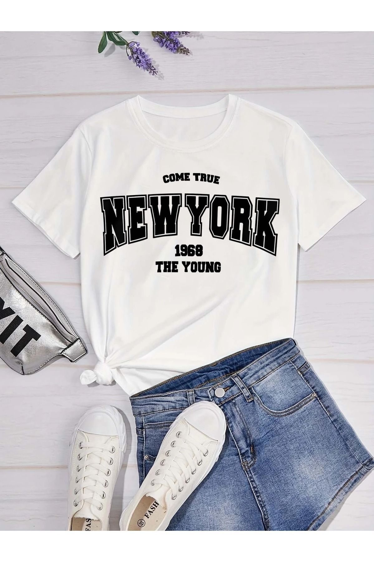 Boi Kadın New York 1968 Baskılı Oversize Salas T-shirt Boyfriend