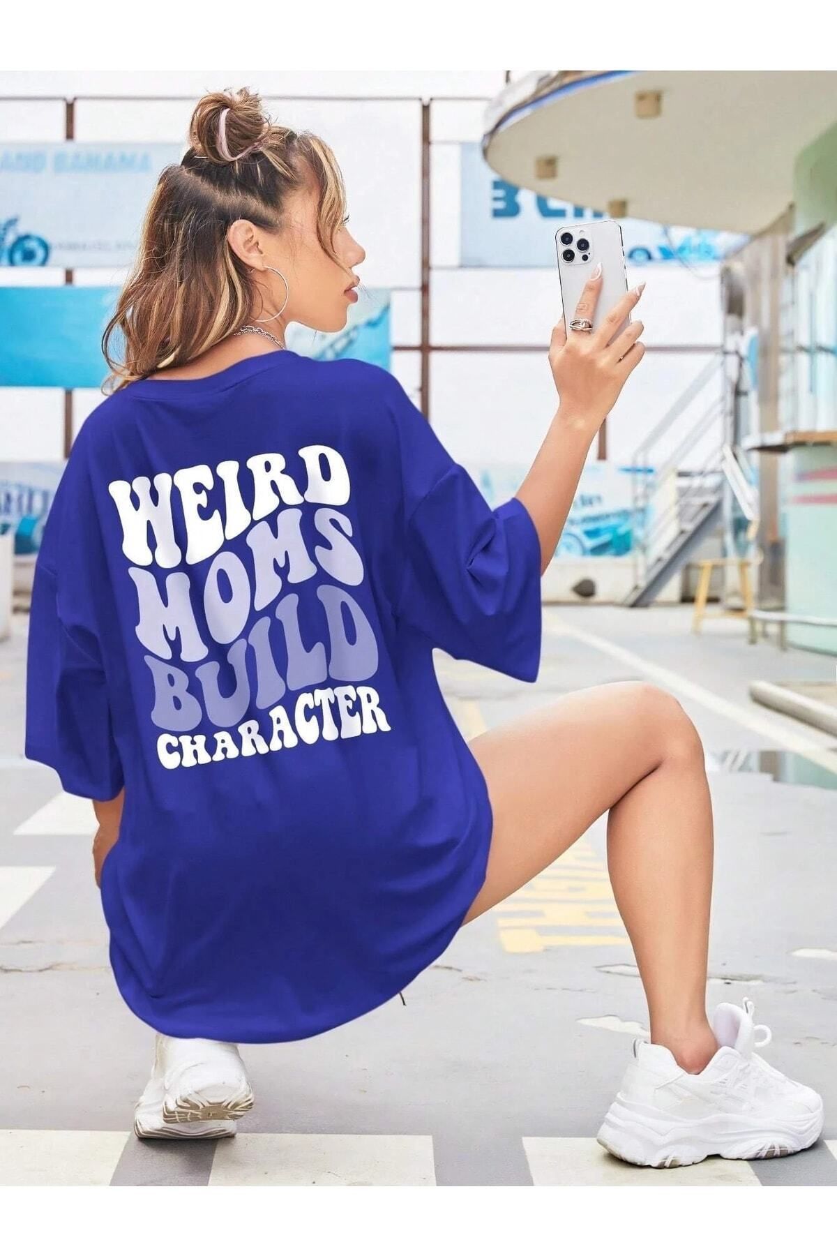Hunors Sportswear & Company Weird Moms Baskılı Kadın / Kız Oversize Saks Mavi Salas T-shirt Boyfriend