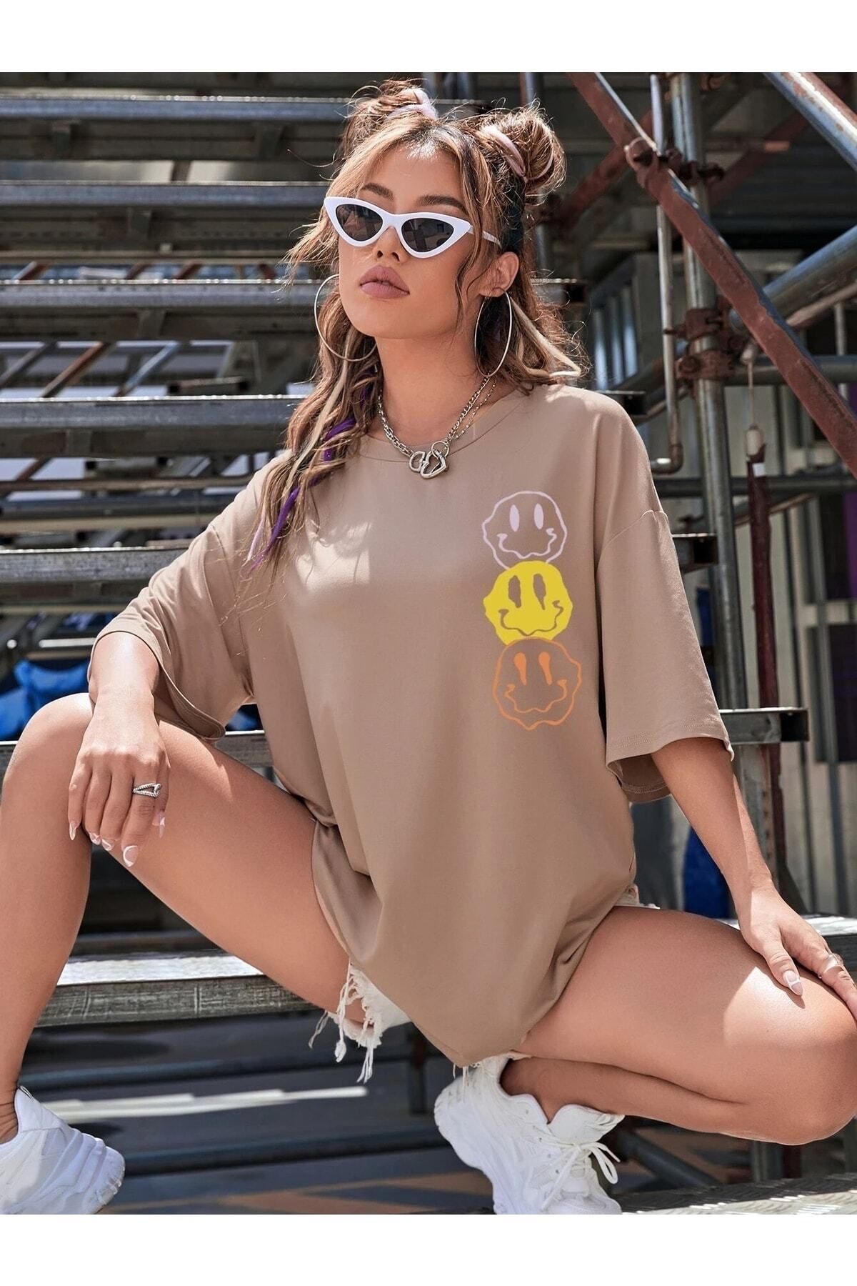 Boi Smile Baskılı Kadın / Kız Oversize Salaş T-shirt Boyfirend