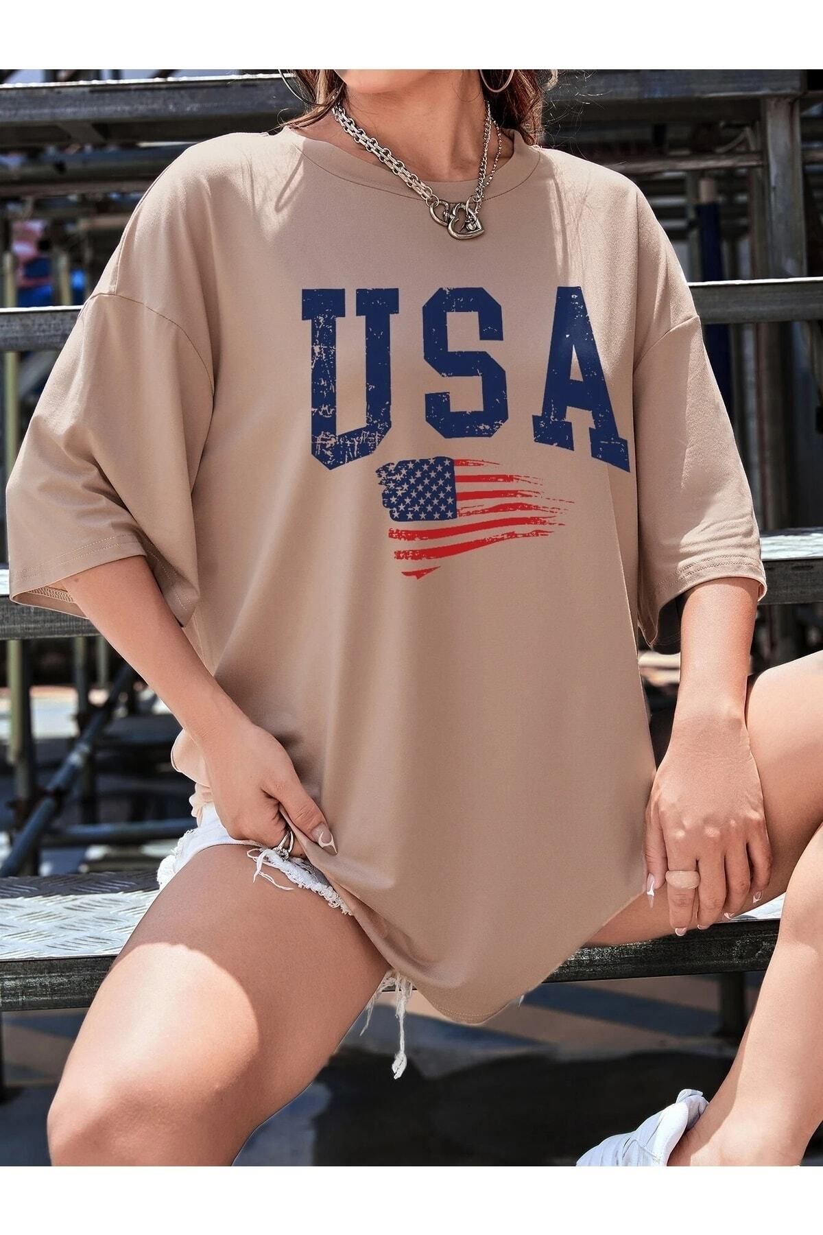 Hunors Sportswear & Company Kadın / Kız Usa Amerika Baskılı Oversize T-shirt Salaş Boyfirend