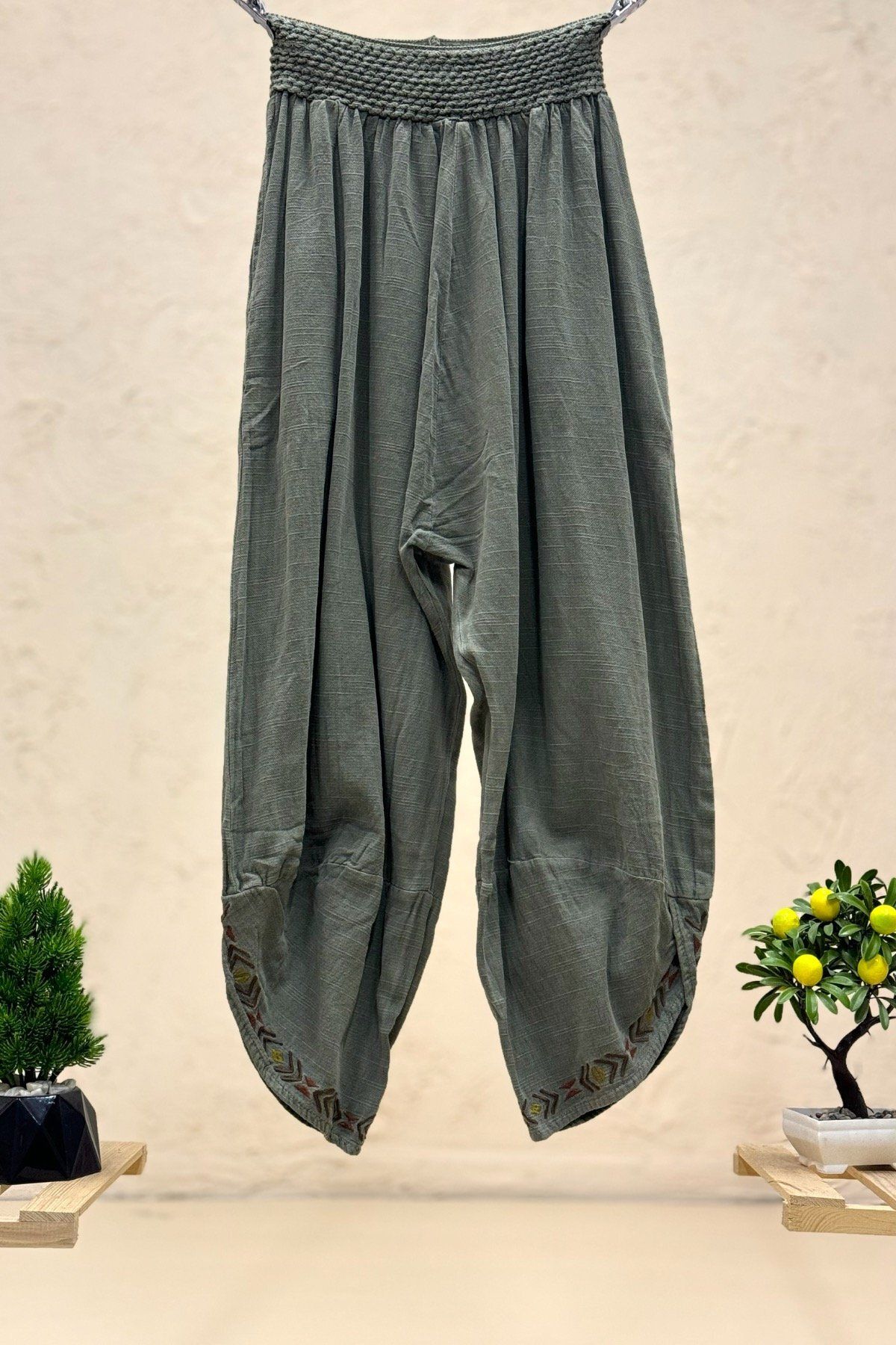 sahnemoda Bel Lastikli Paça Nakışlı Bol Keten Pantolon
