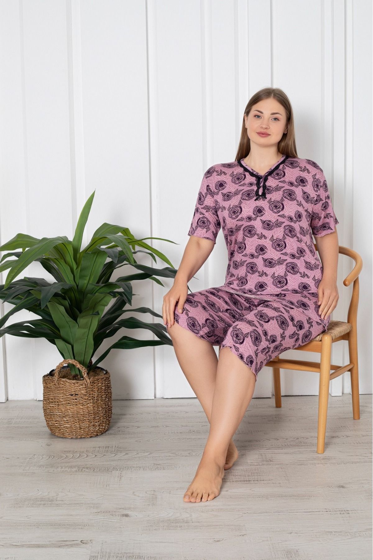 Asel Büyük Beden Likralı Penye Kapri Pijama Takım