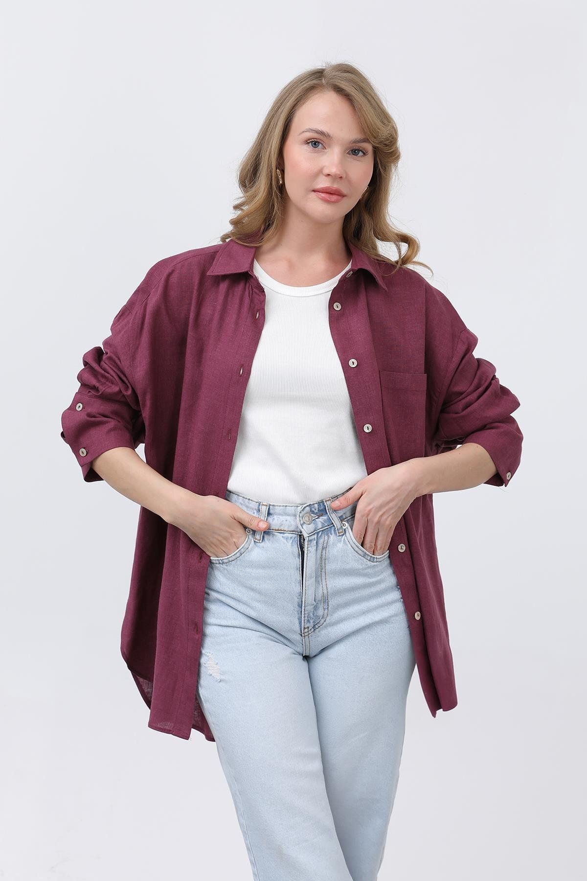 Soul Kadın Basic Keten Gömlek - 32328GML - PLUM