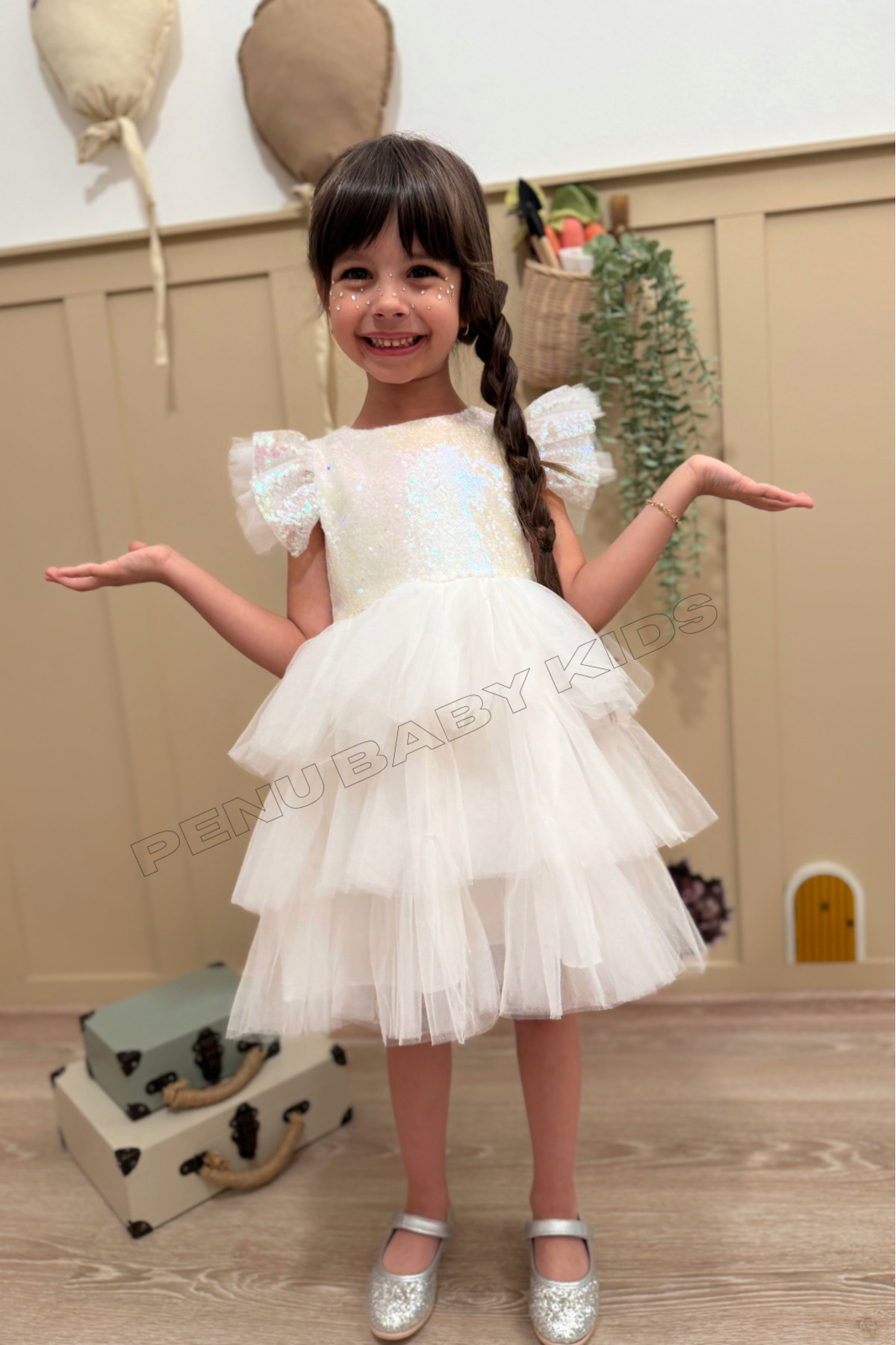 penu baby kids Beyaz Üstü Pul Payetli Eteği 3 Katlı Tül Kız Çocuk Kız Bebek Elbise fotoğrafı 4 (önizleme)