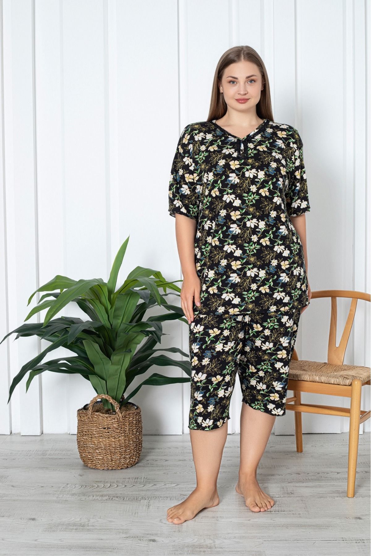 Asel Büyük Beden Likralı Penye Kapri Pijama Takım