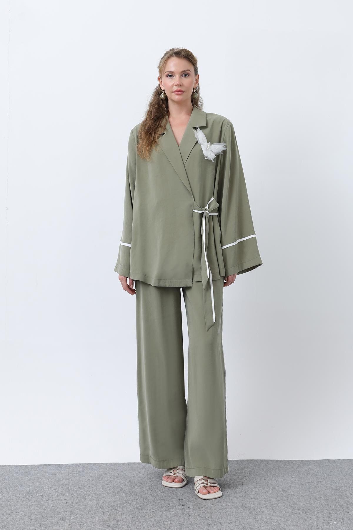 Soul Kadın Kelebekli Kimona Pantolon Takım -32229TKS - ALMOND GREEN