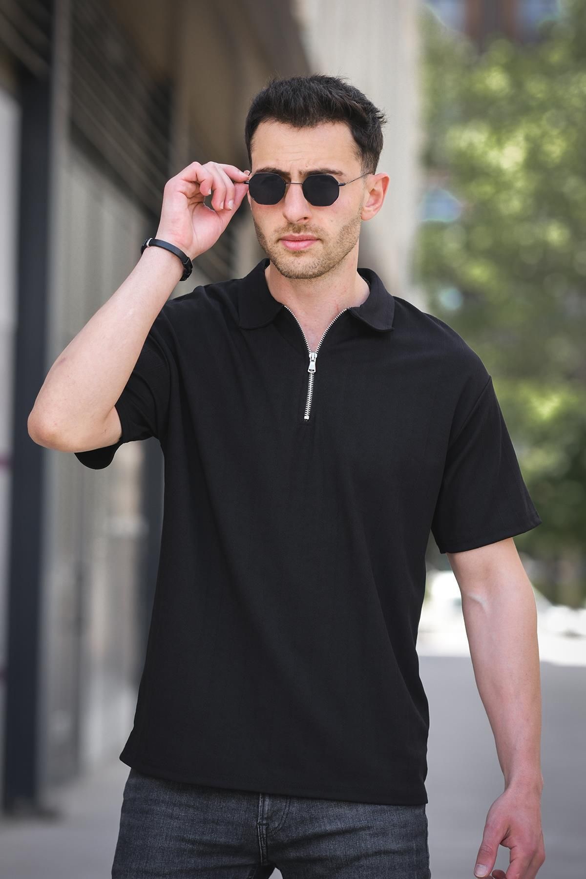 Oksit Lond Polo Yaka Jakar Kumaş Yarım Fermuarlı Erkek Tshirt