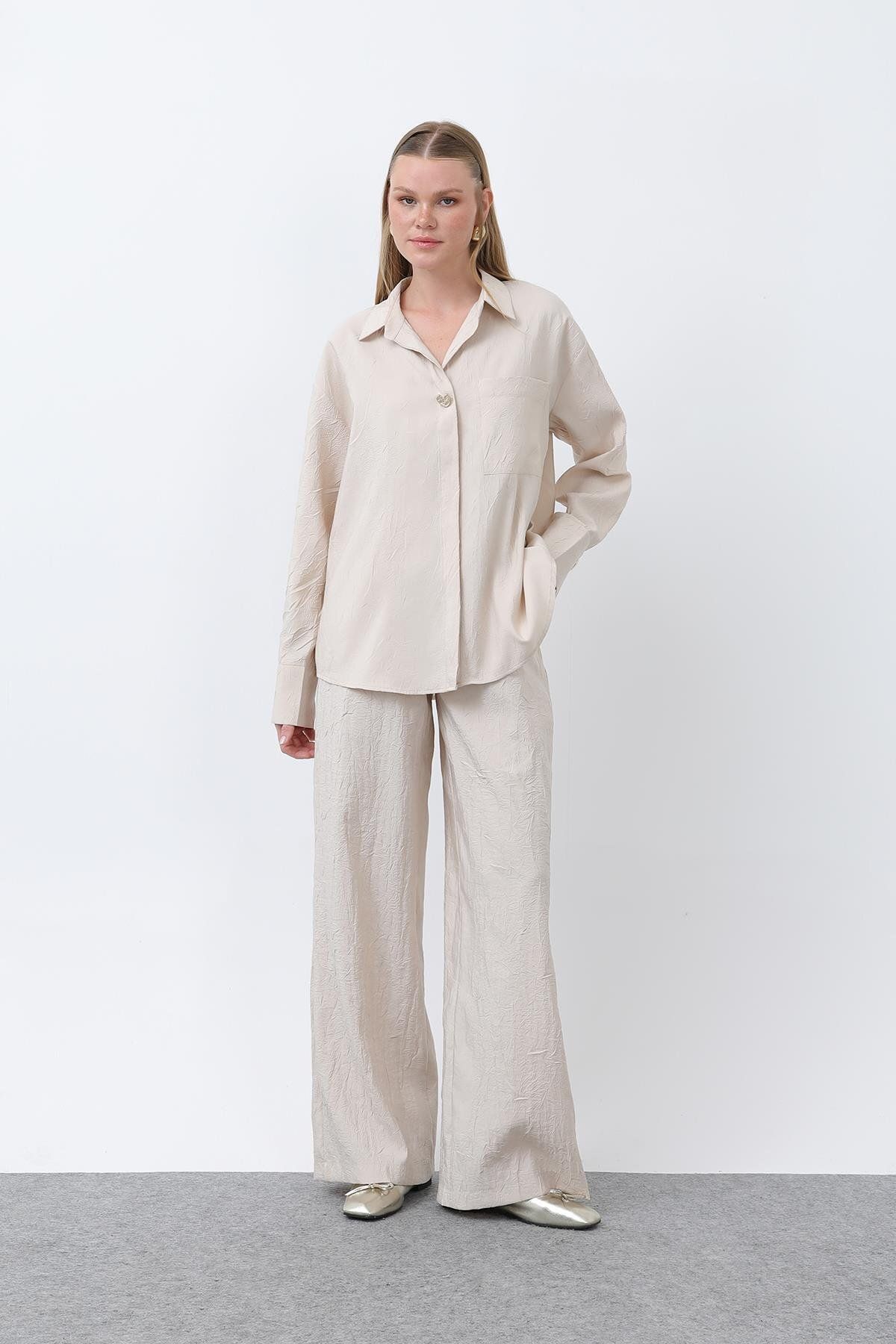 Soul Kadın Düğme Detaylı Kraşlı Gömlek - 32333GML - BEIGE